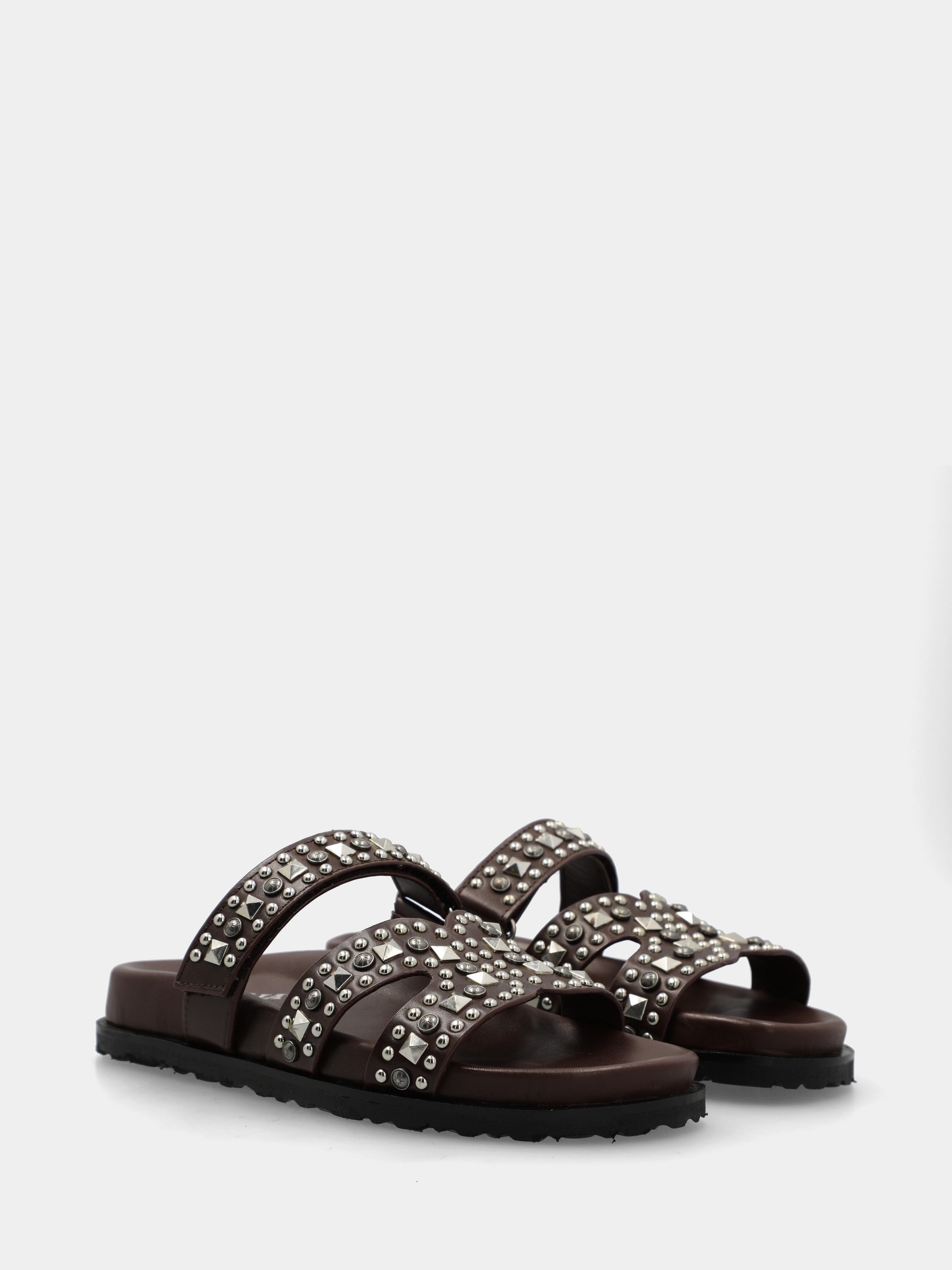 Slide sandal with dark brown calf leather footbed, X straps, and Velcro closure