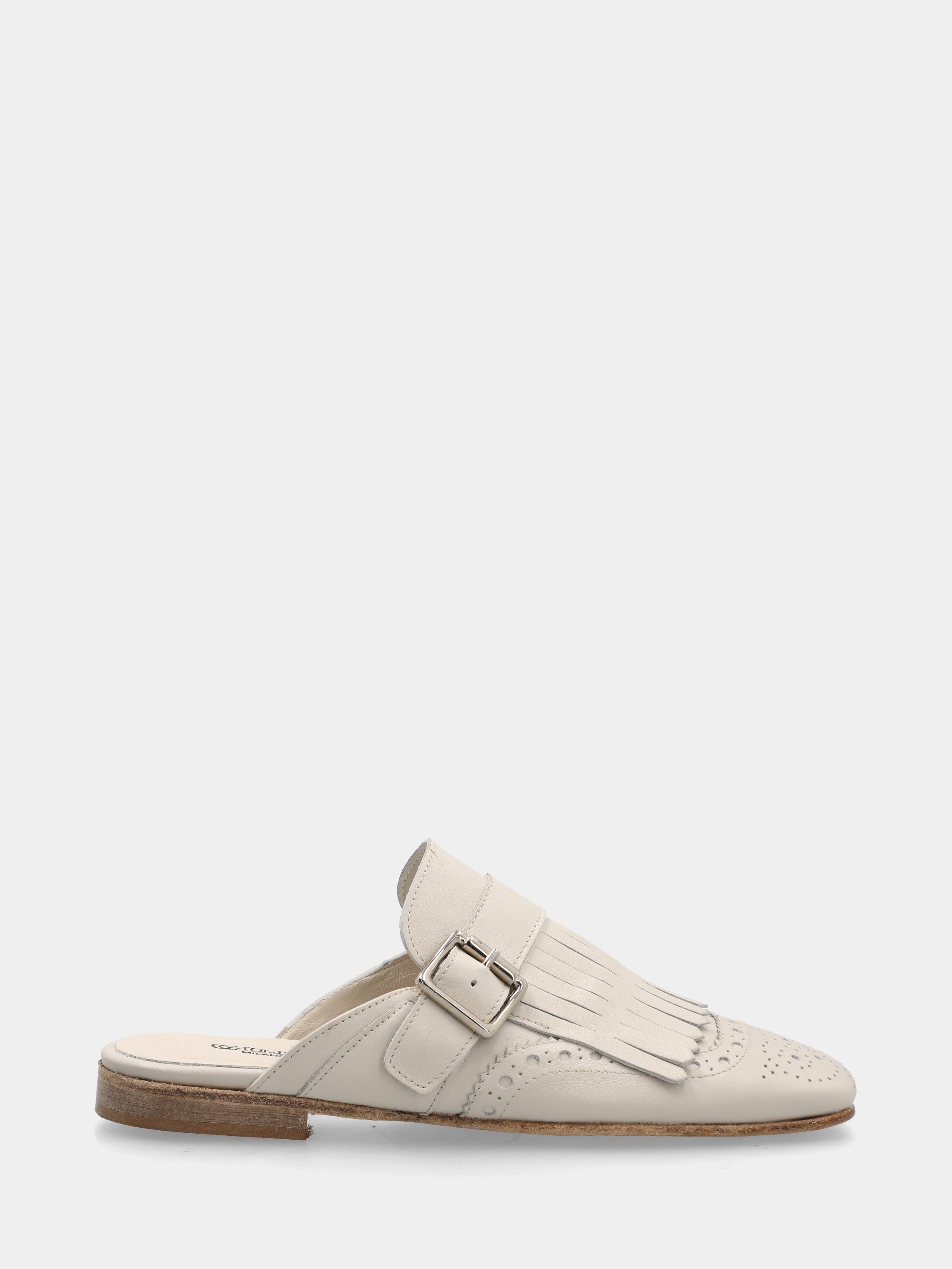 Sabot in nappa bianco con frangia, cinturino e punta quadrata