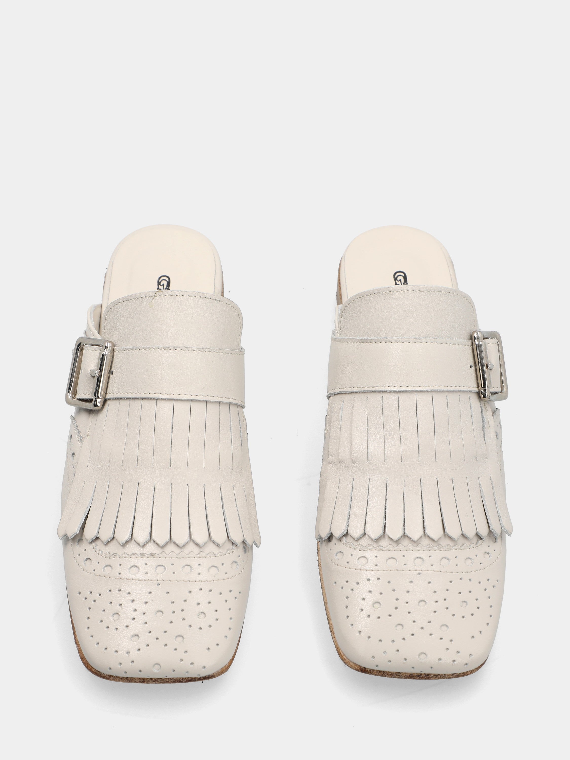 Sabot in nappa bianco con frangia, cinturino e punta quadrata
