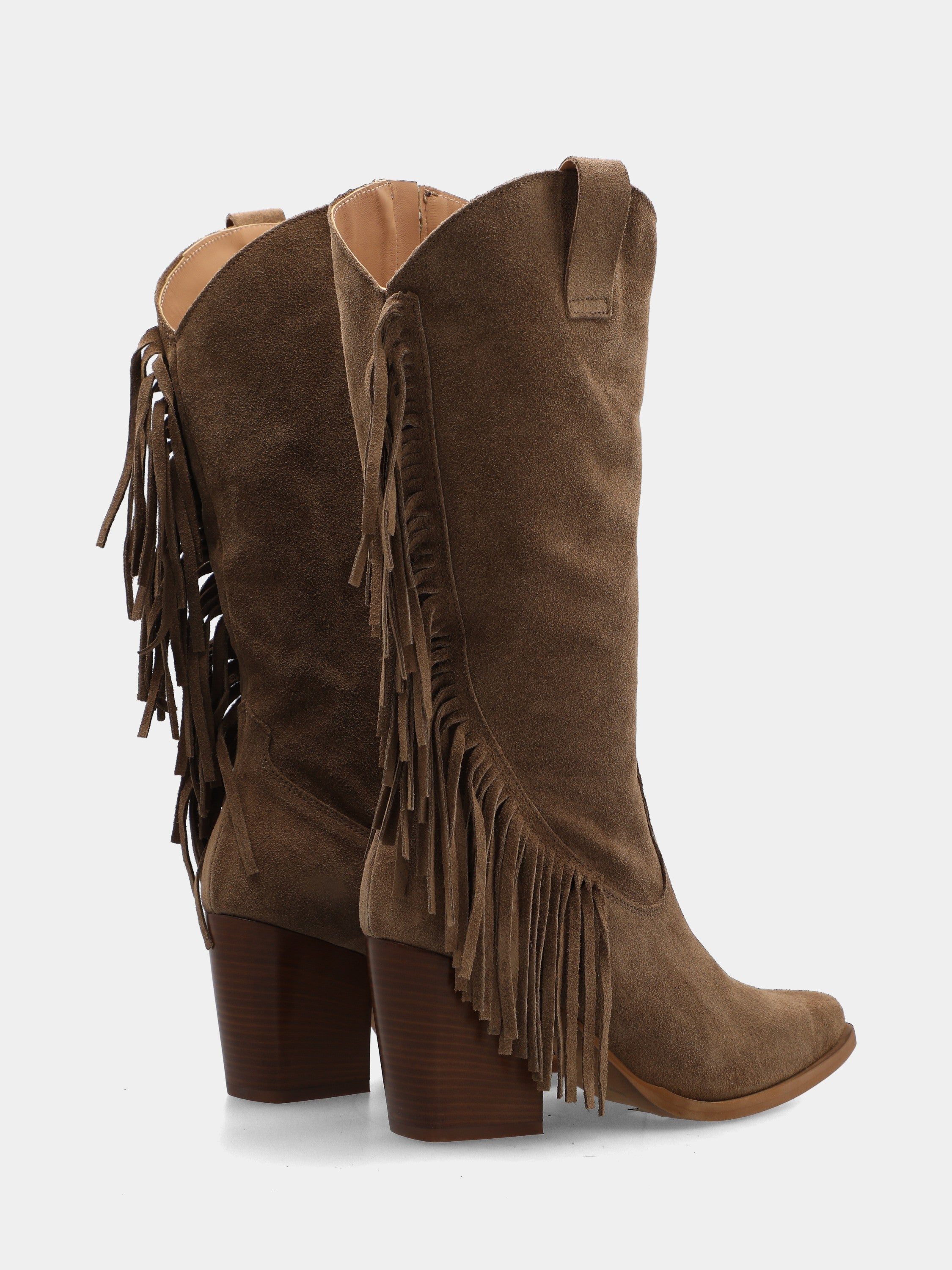 Western boots in taupe velour with comma fringe and wide heel