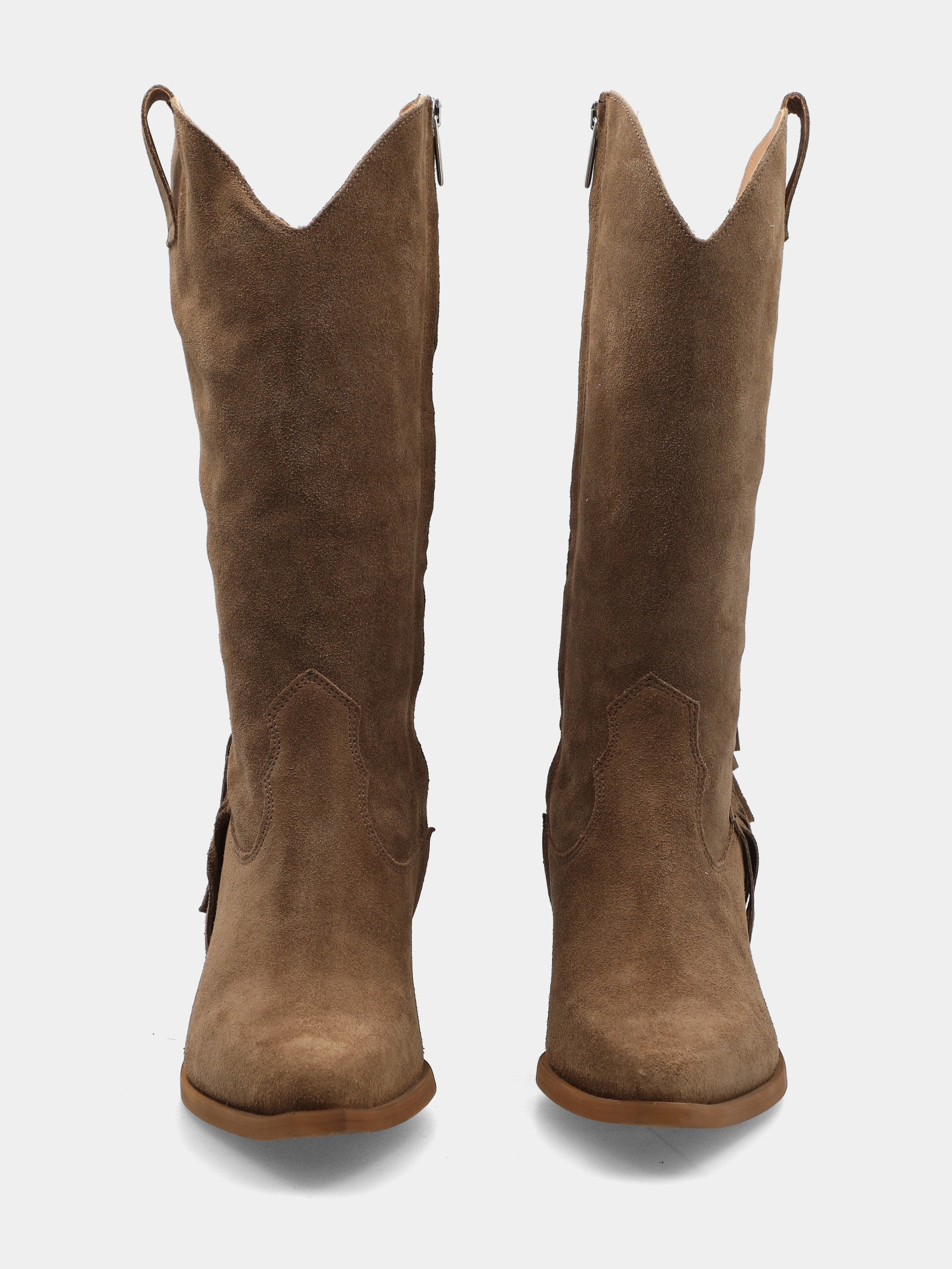 Western boots in taupe velour with comma fringe and wide heel