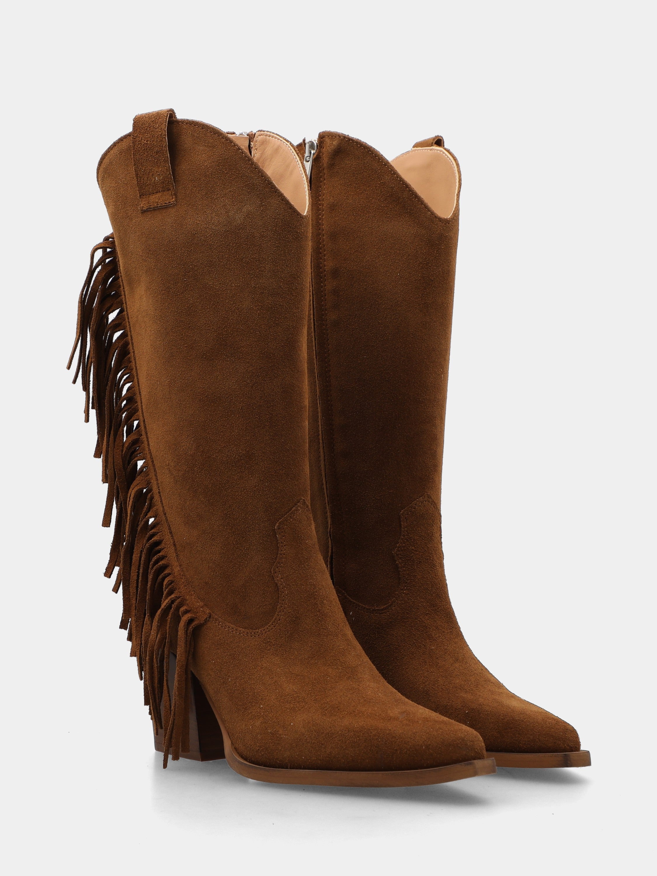 Western boots in dark brown velour with comma fringe and wide heel