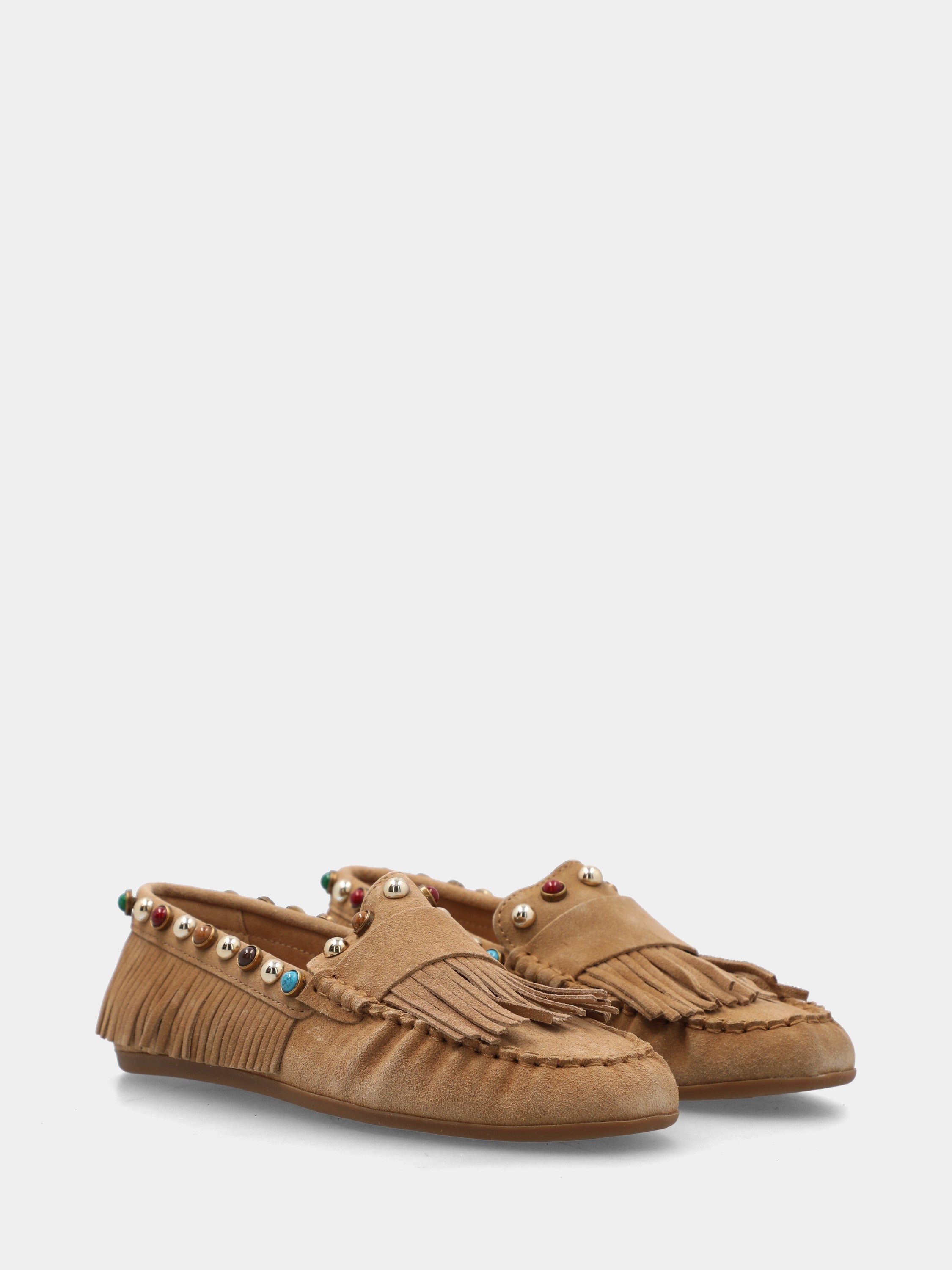 Mocassino in camoscio cammello con frange e perline
