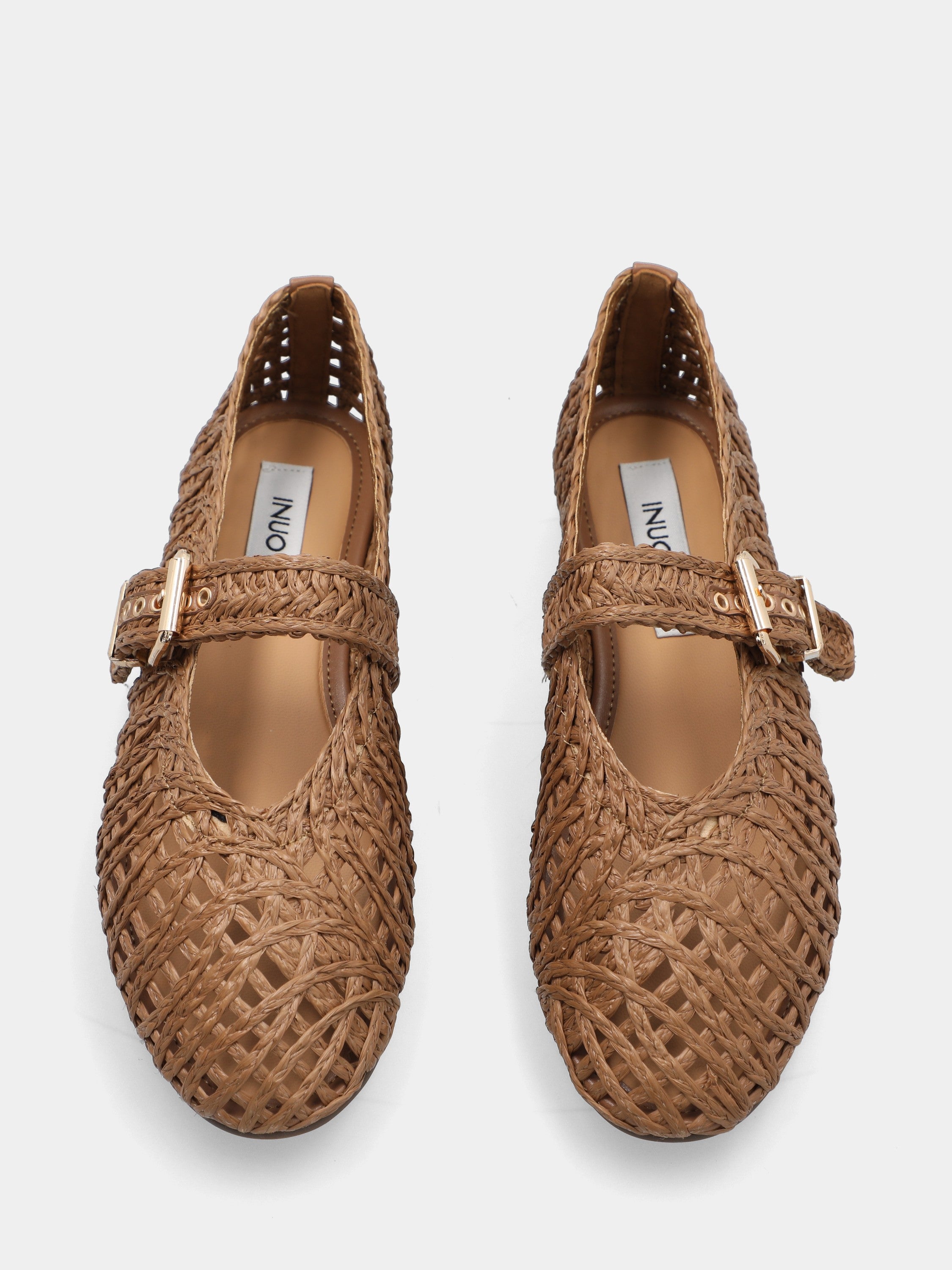 Ballerina in raffia marrone con intreccio a cestino