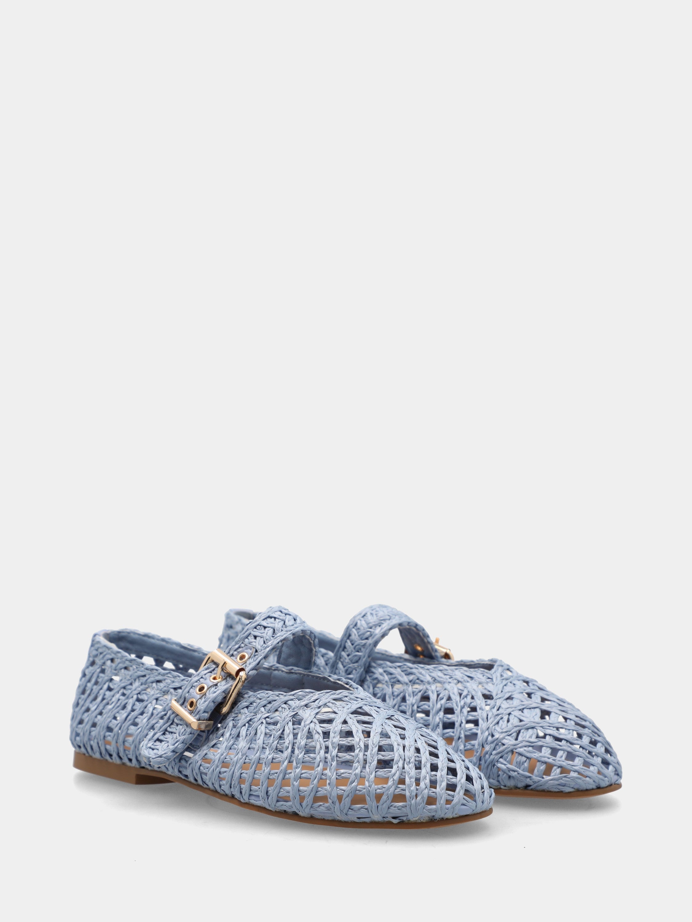 Ballerina in raffia celeste con intreccio a cestino