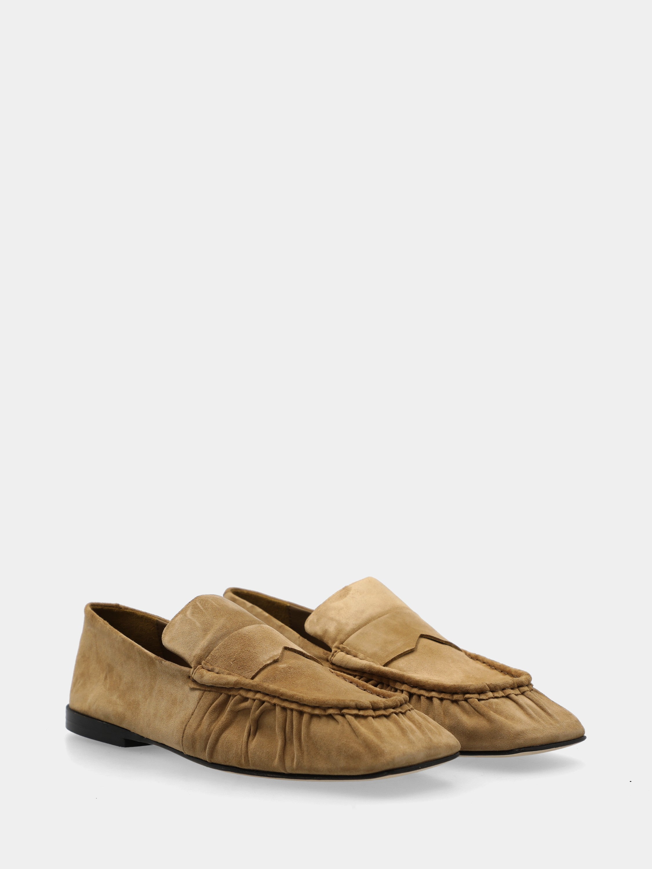 Beige suede moccasin with square toe and ruching