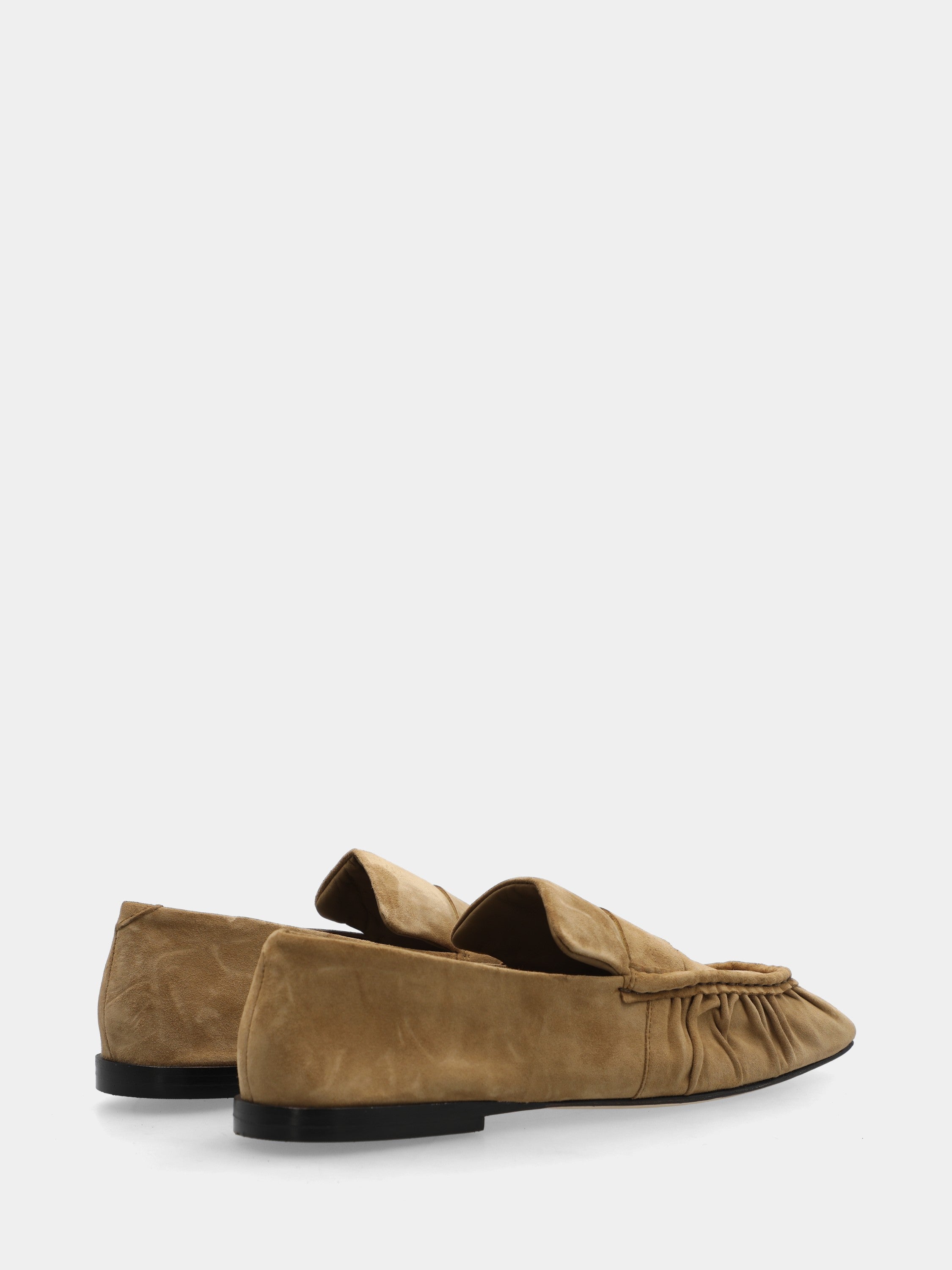 Beige suede moccasin with square toe and ruching