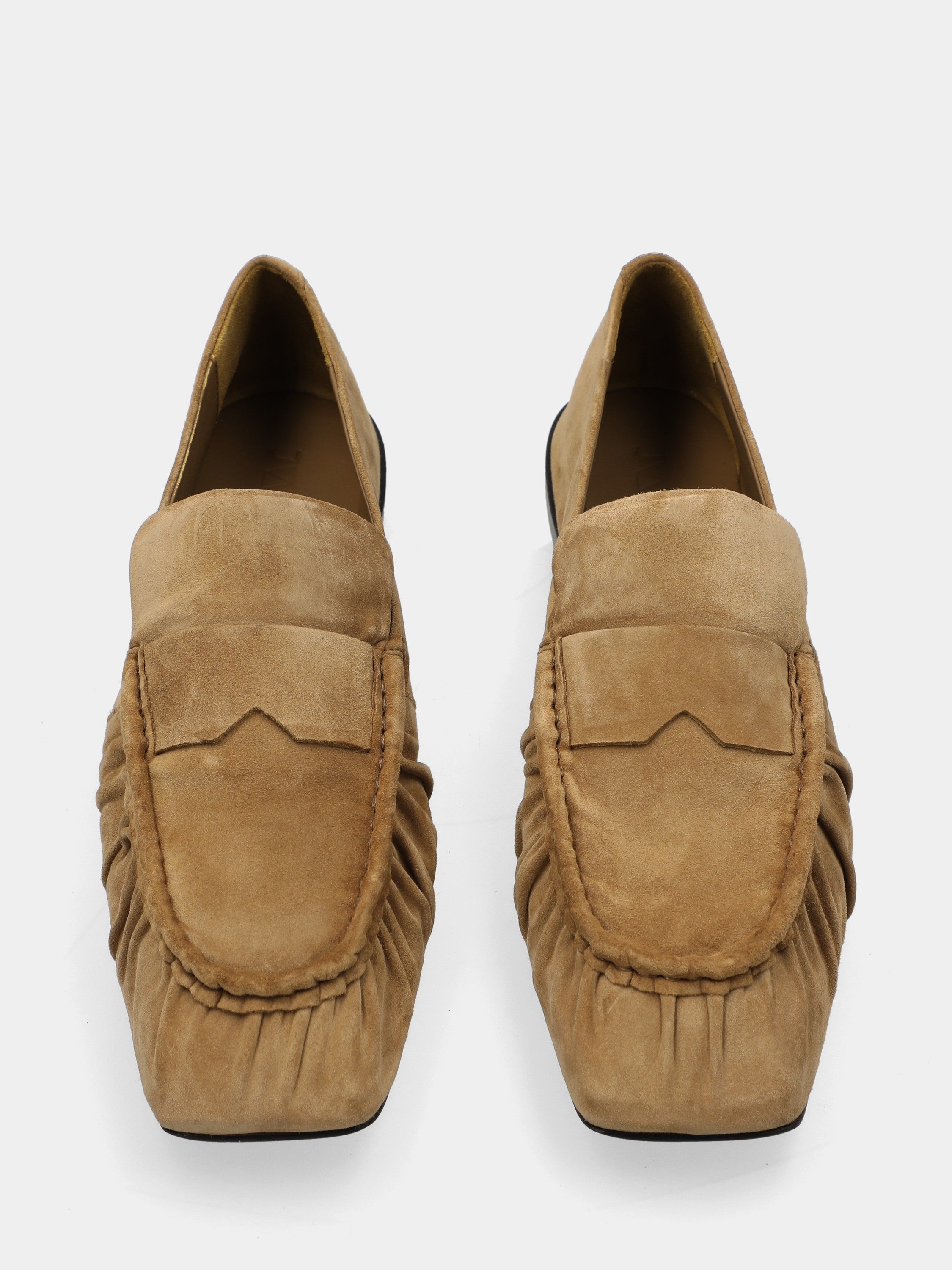 Beige suede moccasin with square toe and ruching