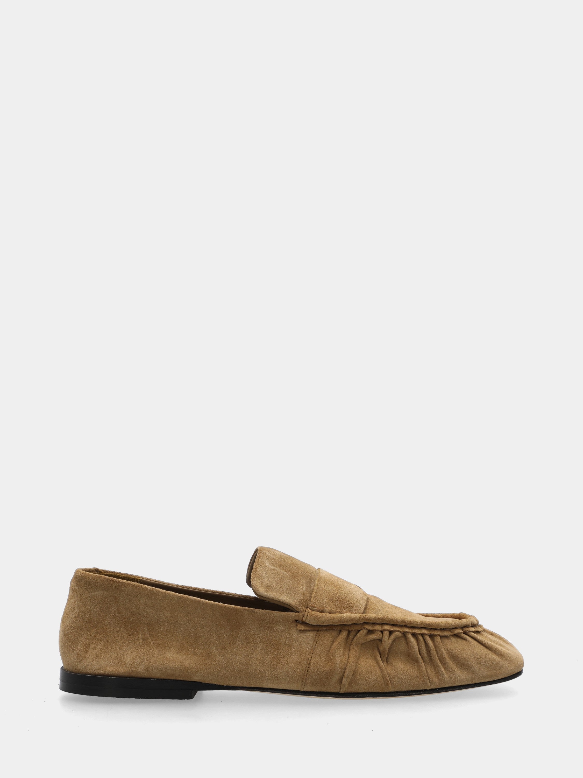 Beige suede moccasin with square toe and ruching
