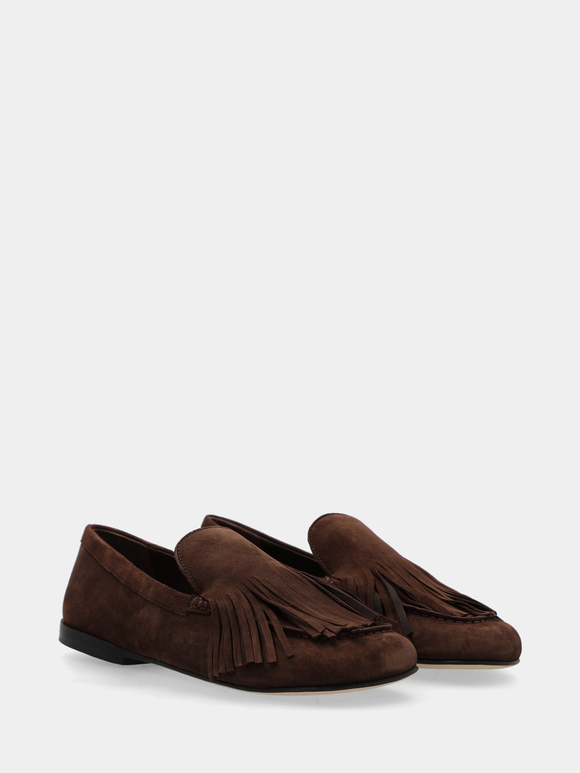 Dark brown suede moccasin with fringe and round toe