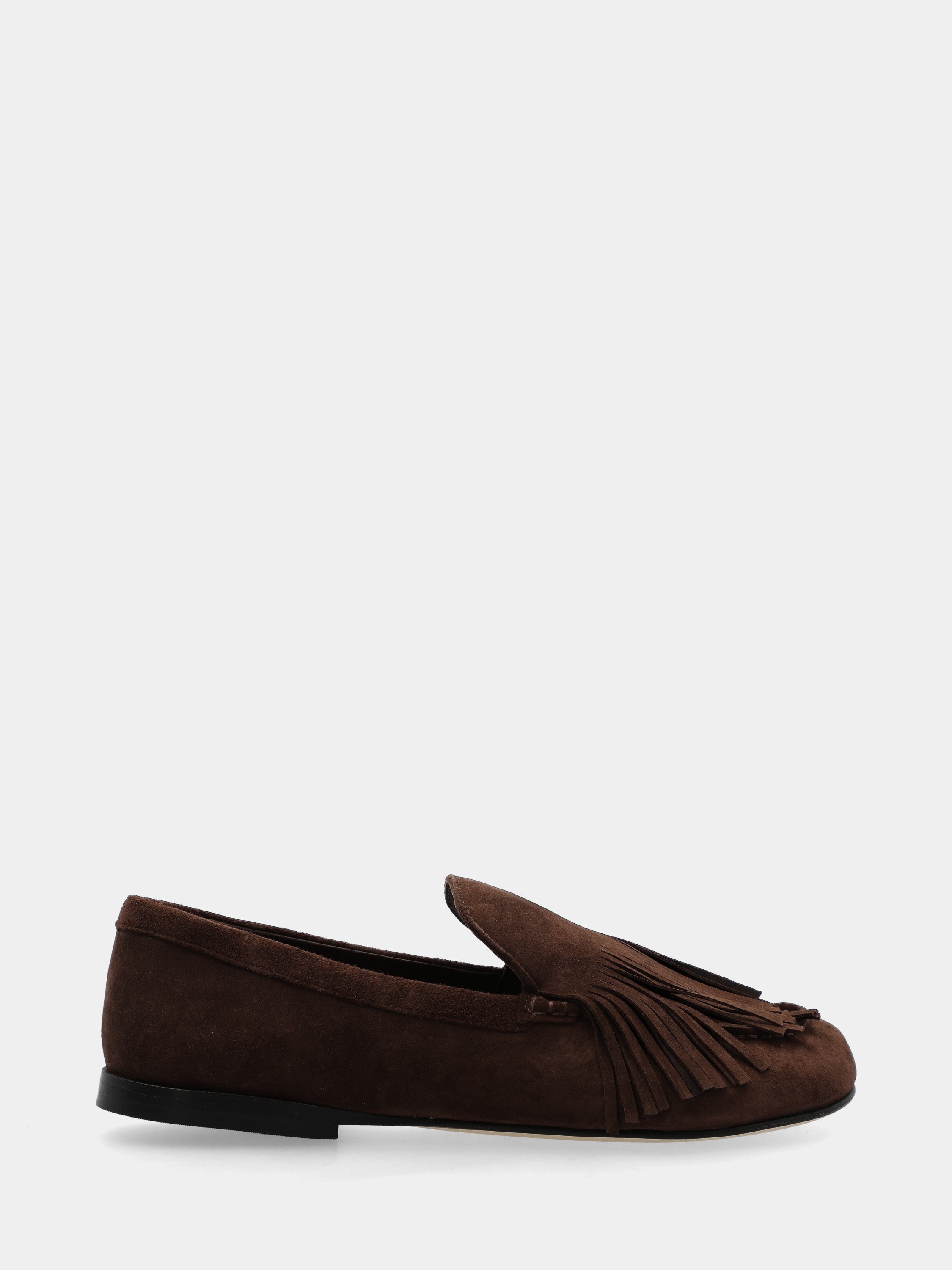 Dark brown suede moccasin with fringe and round toe