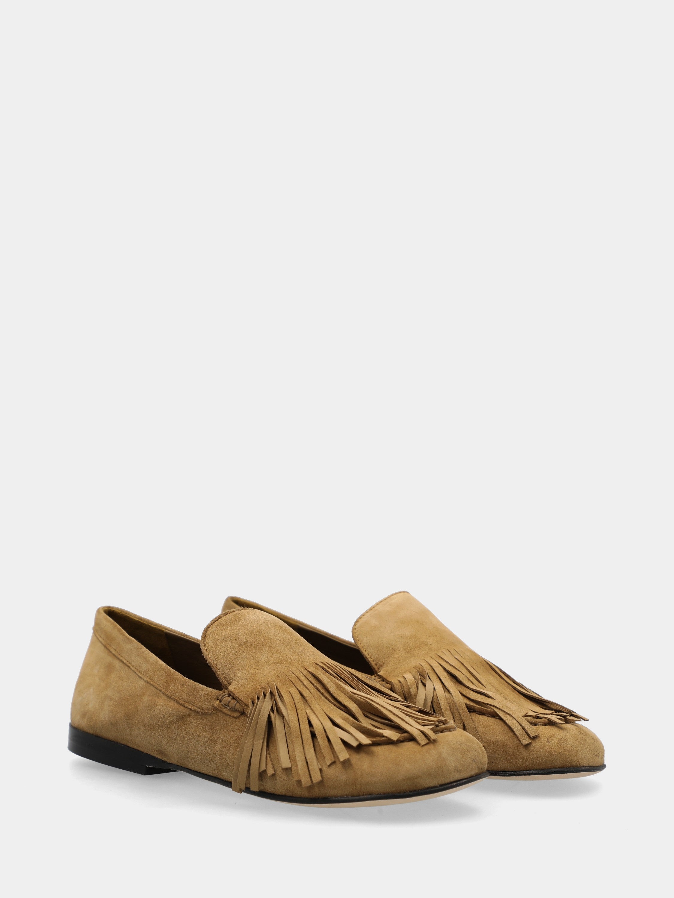 Mocassino in camoscio beige con frangia e punta tonda