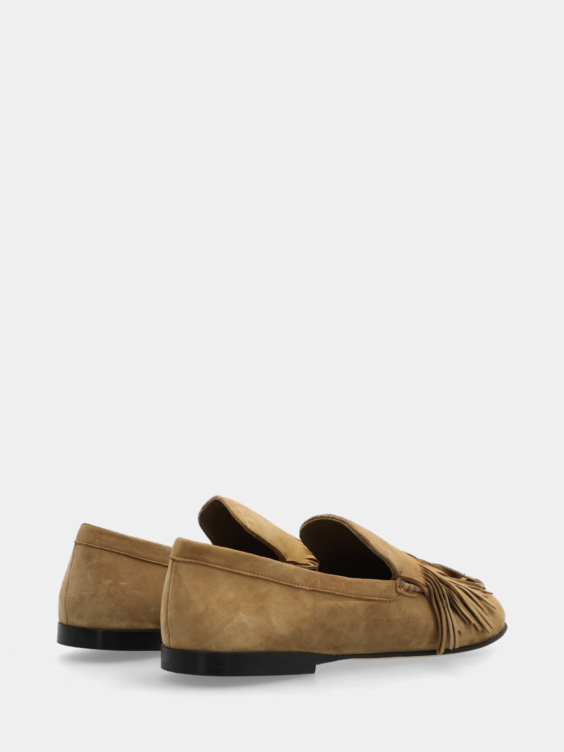 Mocassino in camoscio beige con frangia e punta tonda