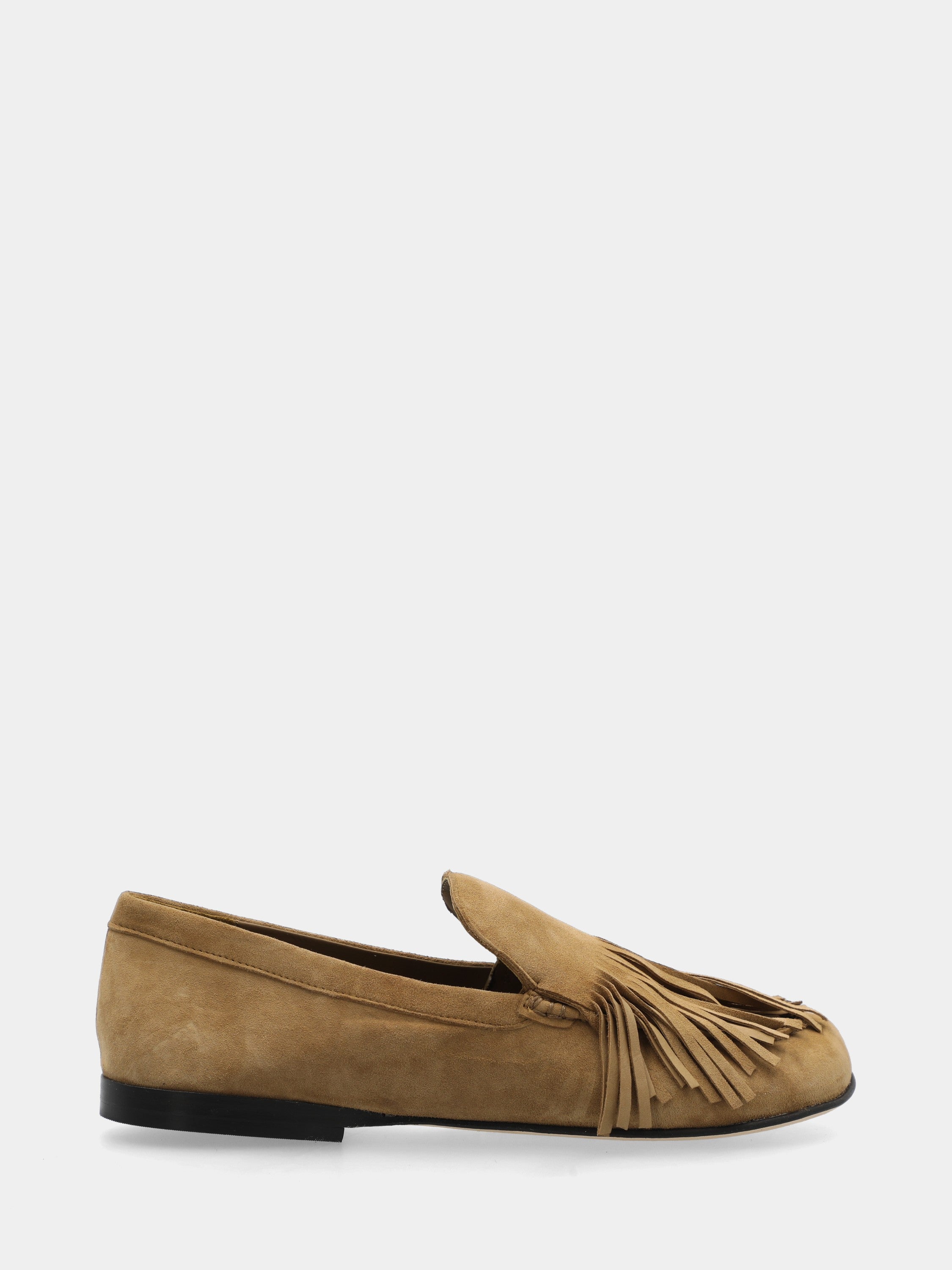 Mocassino in camoscio beige con frangia e punta tonda
