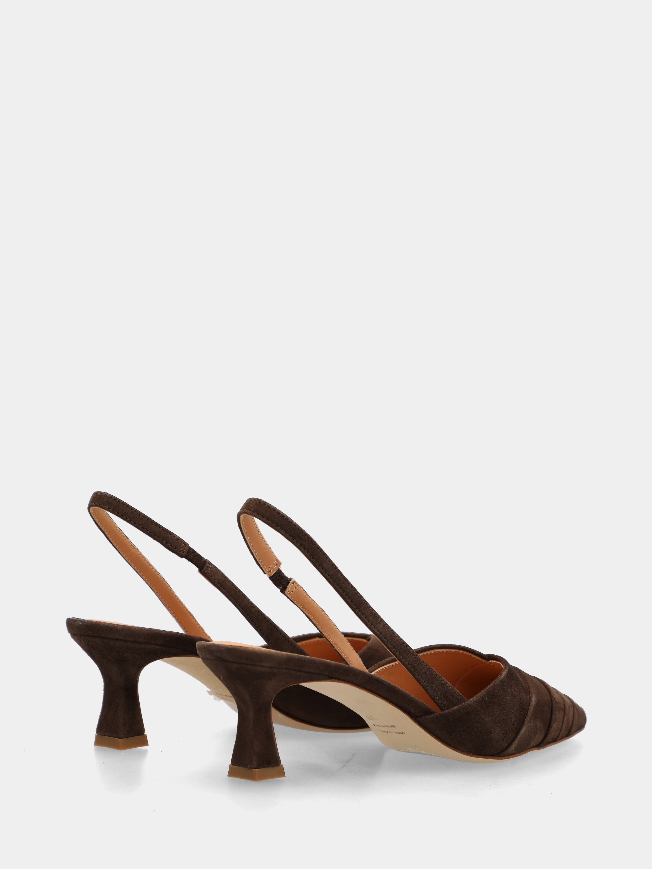 Slingback en suède marron foncé avec volants et talon en forme de calice