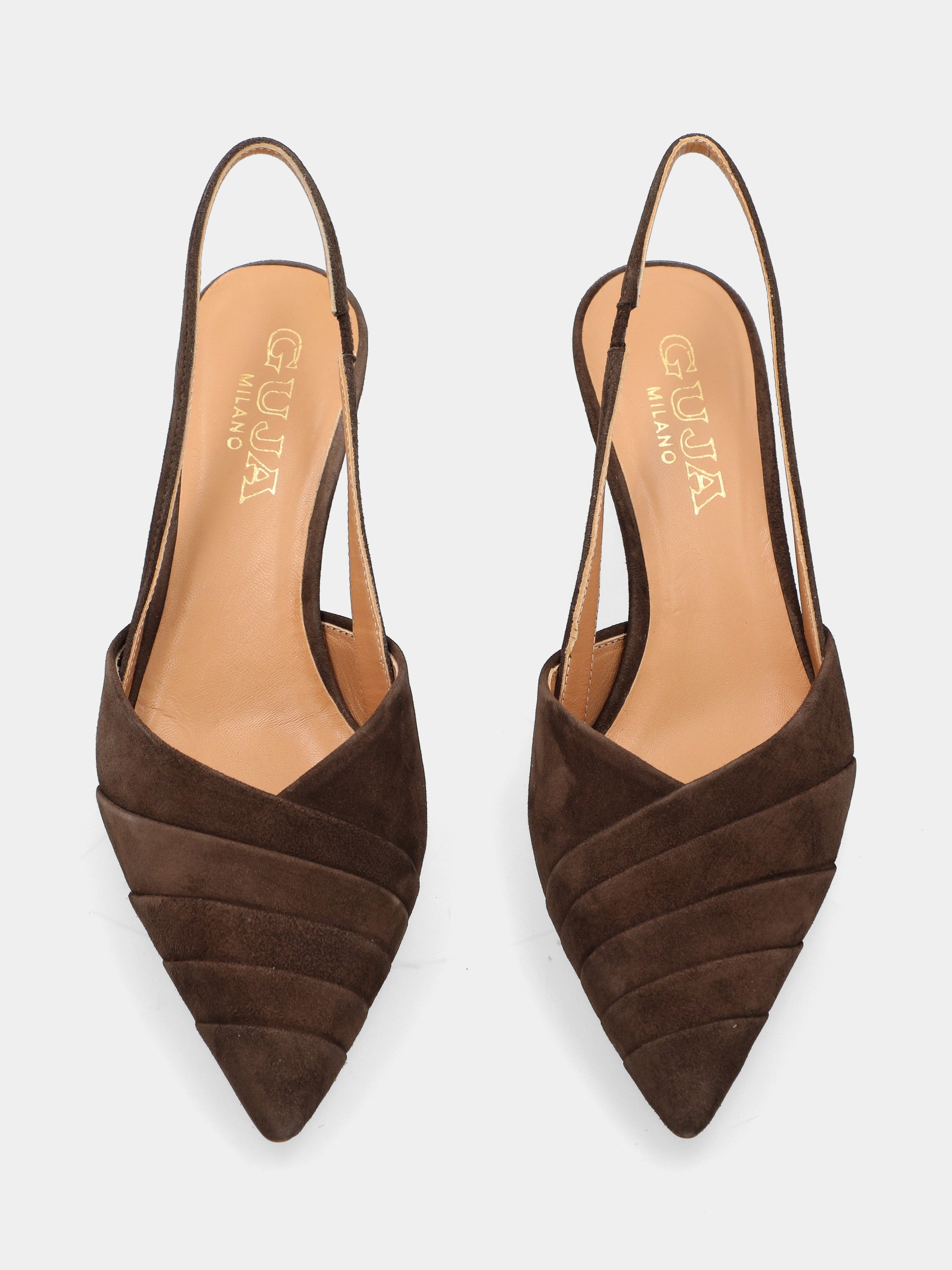 Slingback en suède marron foncé avec volants et talon en forme de calice