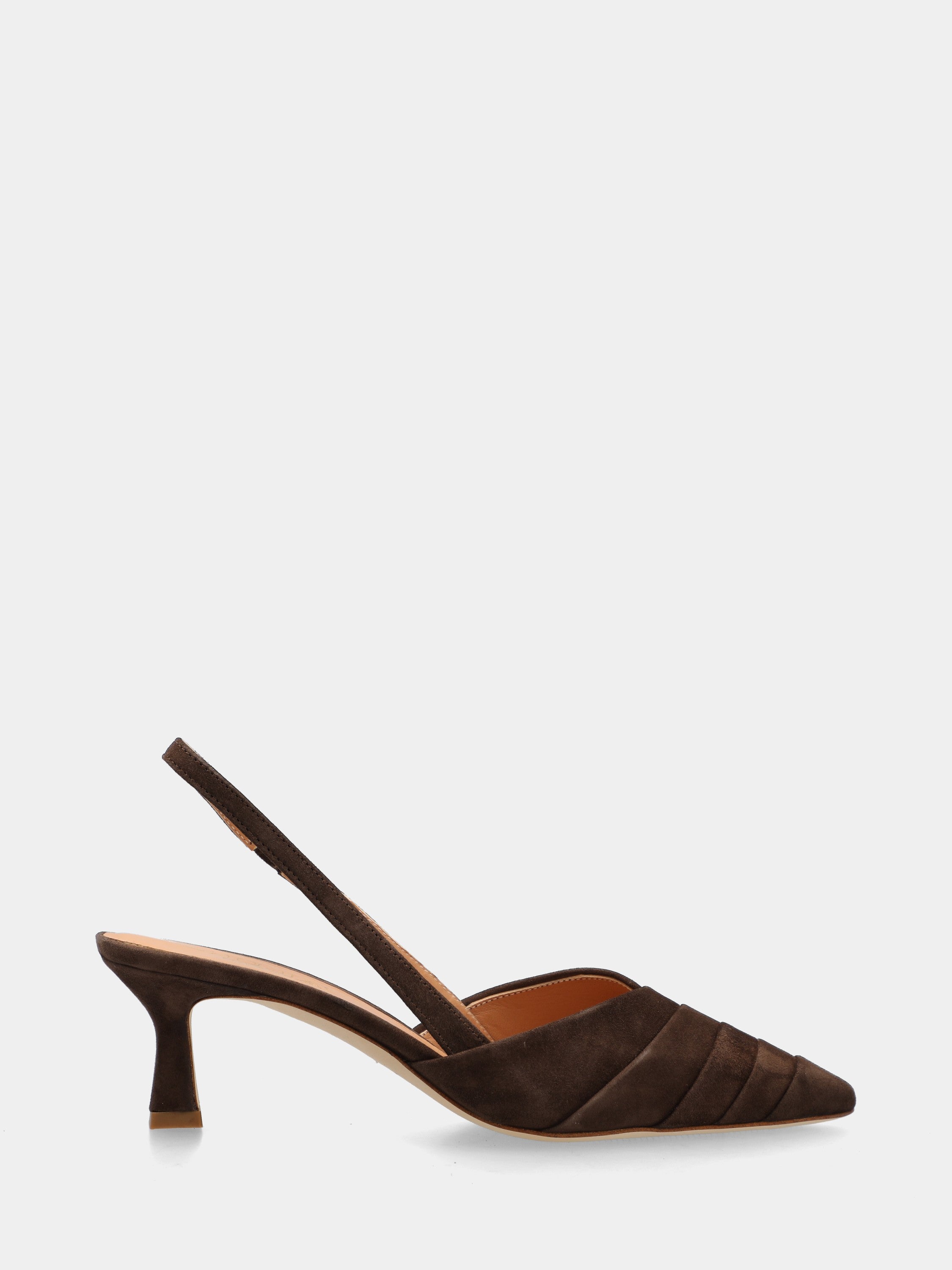 Slingback en suède marron foncé avec volants et talon en forme de calice