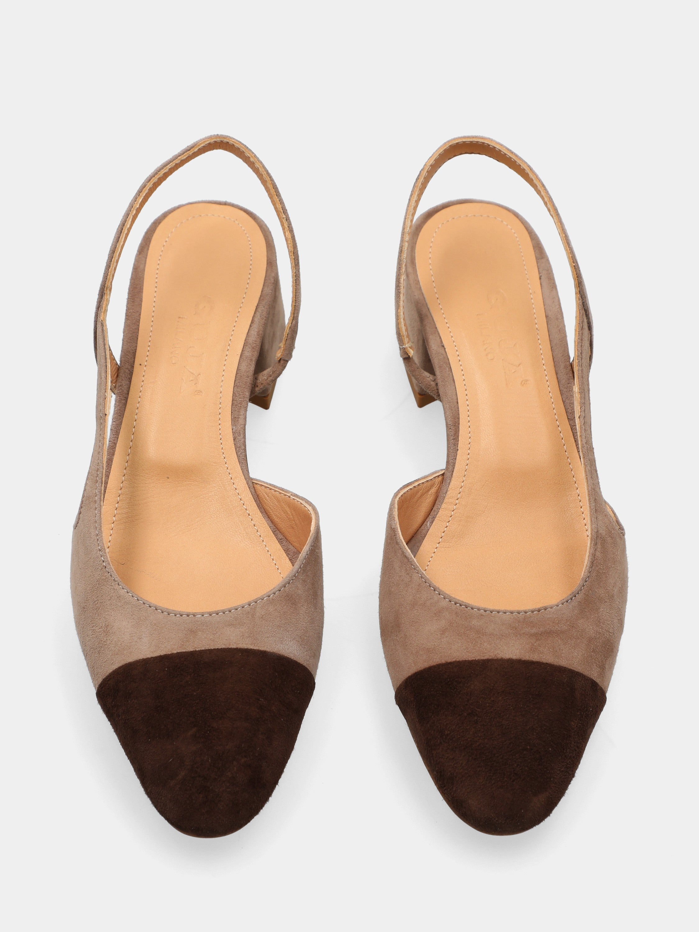 Bicolor Wildleder Slingback mit Blockabsatz und Fersenriemen