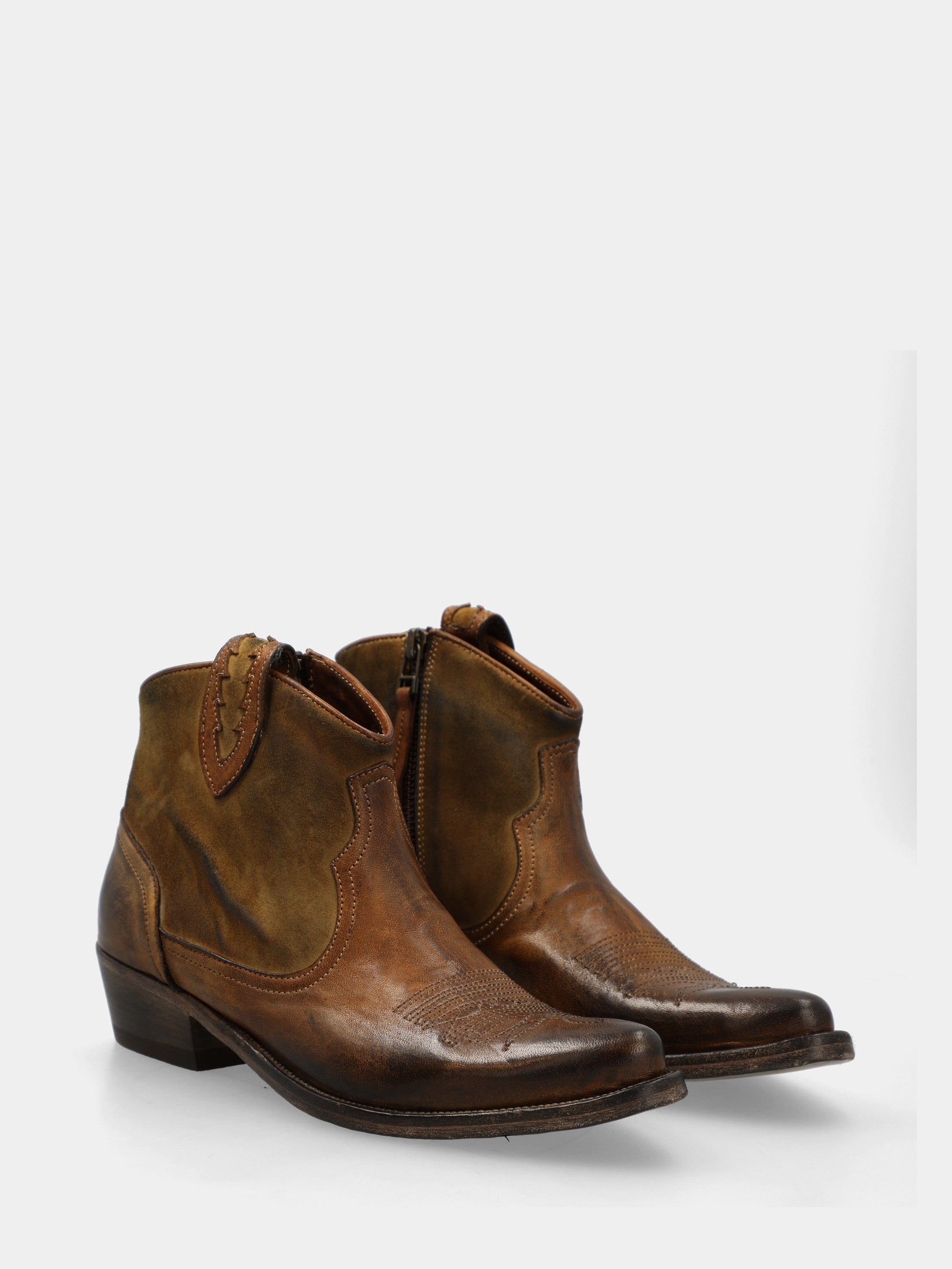 Western ankle boot in calfskin and suede leather in leather color with embroidery