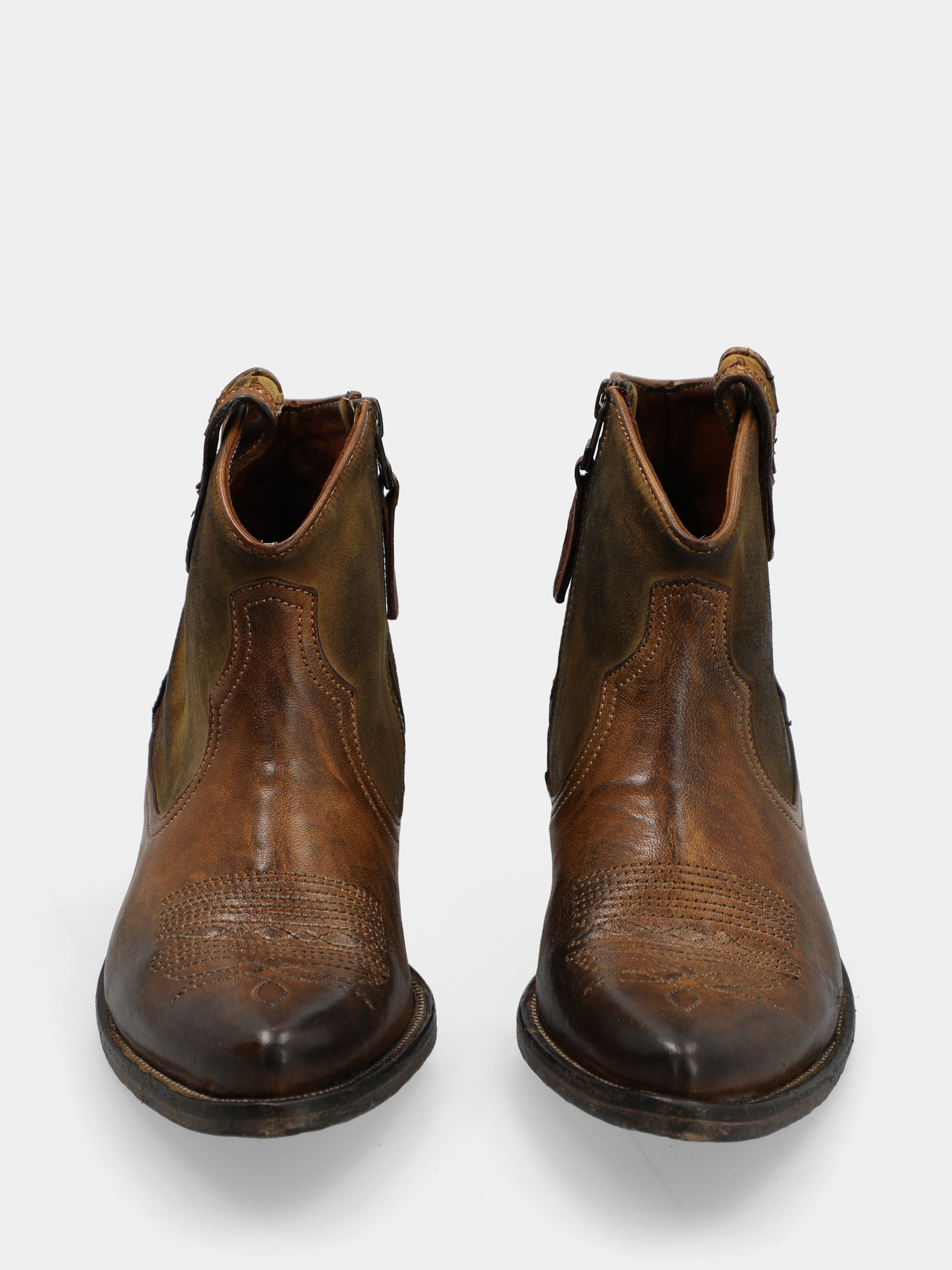 Western ankle boot in calfskin and suede leather in leather color with embroidery
