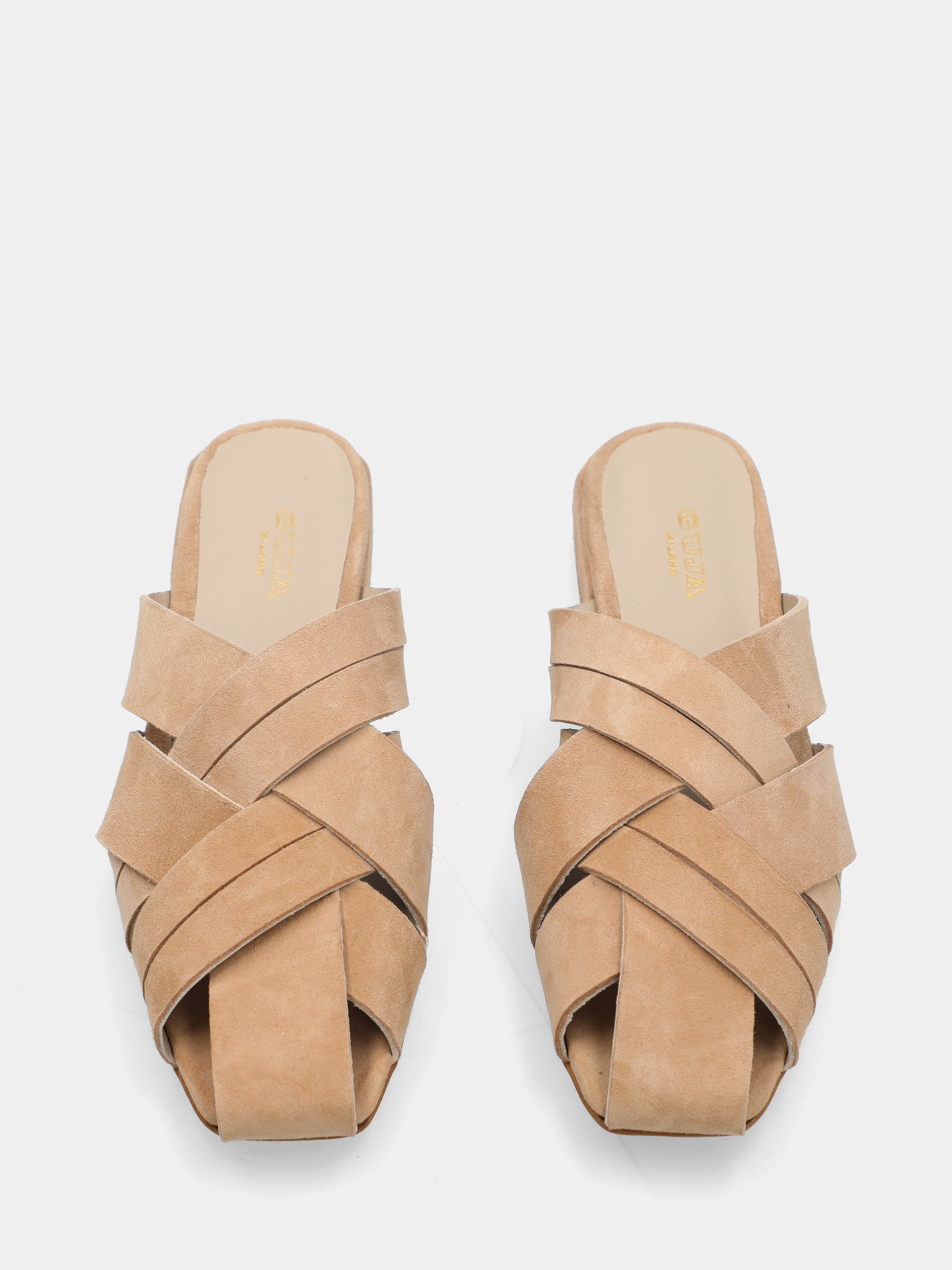 Beige suede slipper with braided straps and square toe
