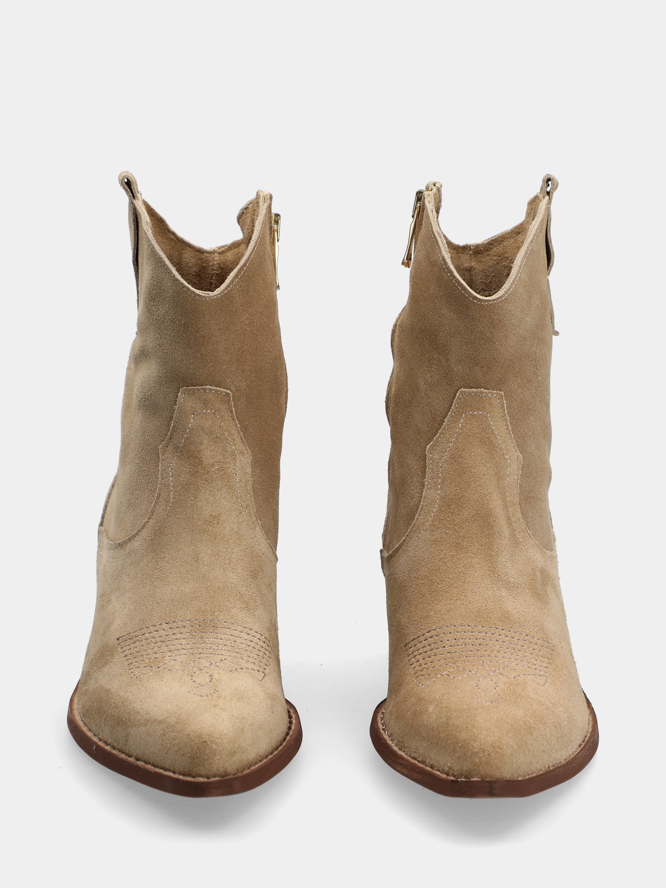 Cowboystiefeletten aus taupefarbenem Wildleder mit Stickerei an der Sohle