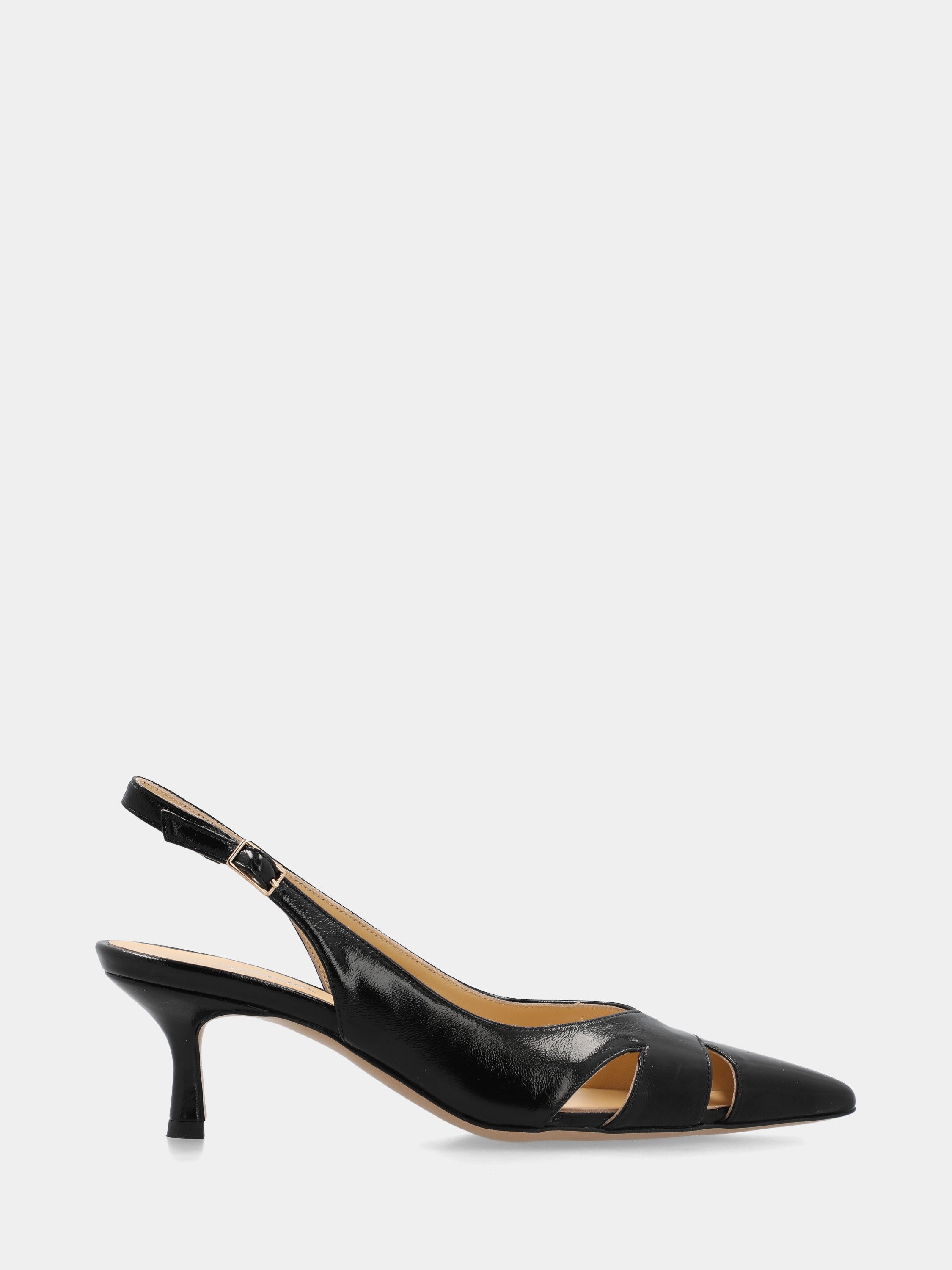 Slingback in verlux nero con tacco a calice 55mm a coda