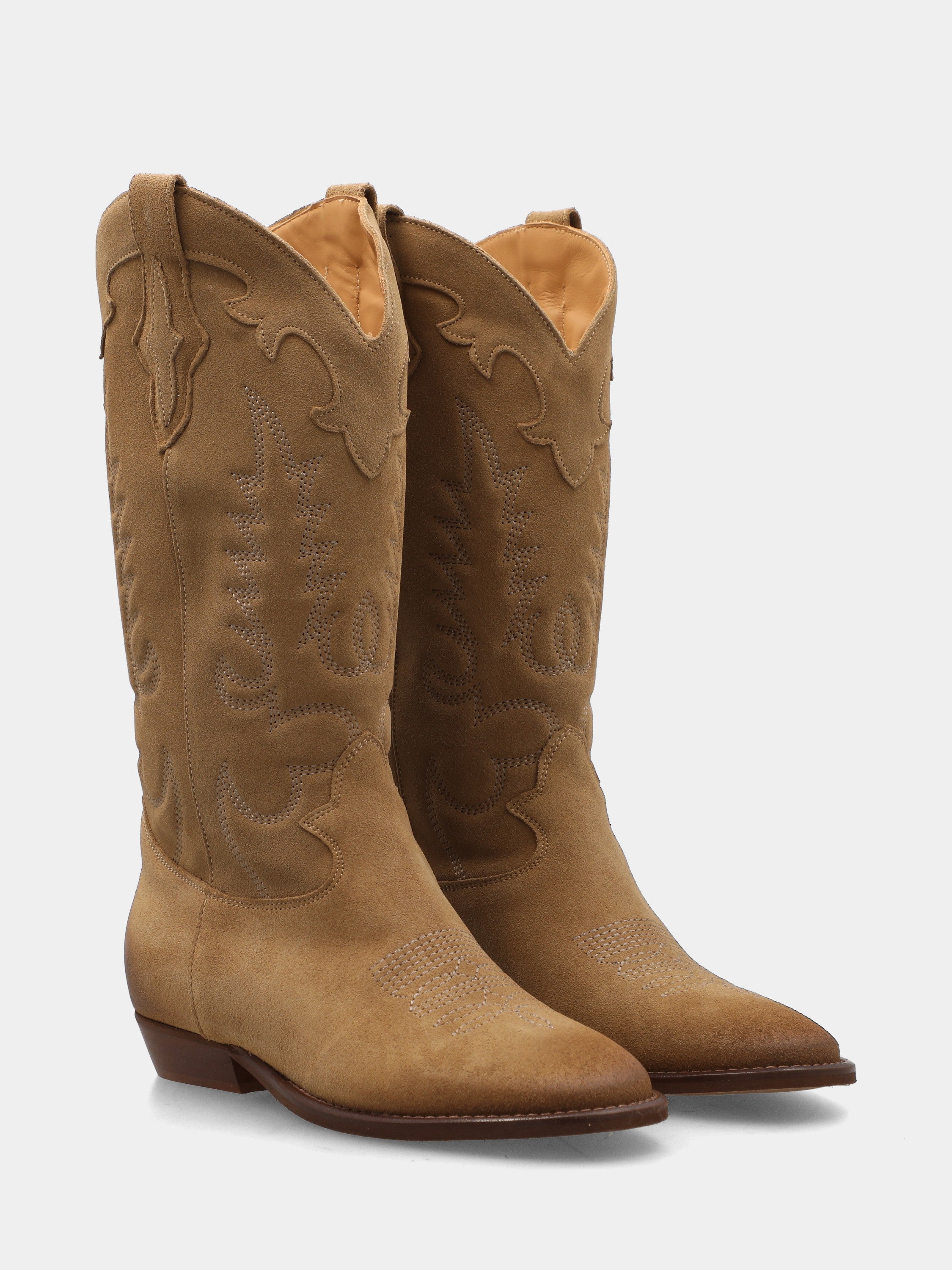 Bottes western en velours marron avec broderies et talon bas