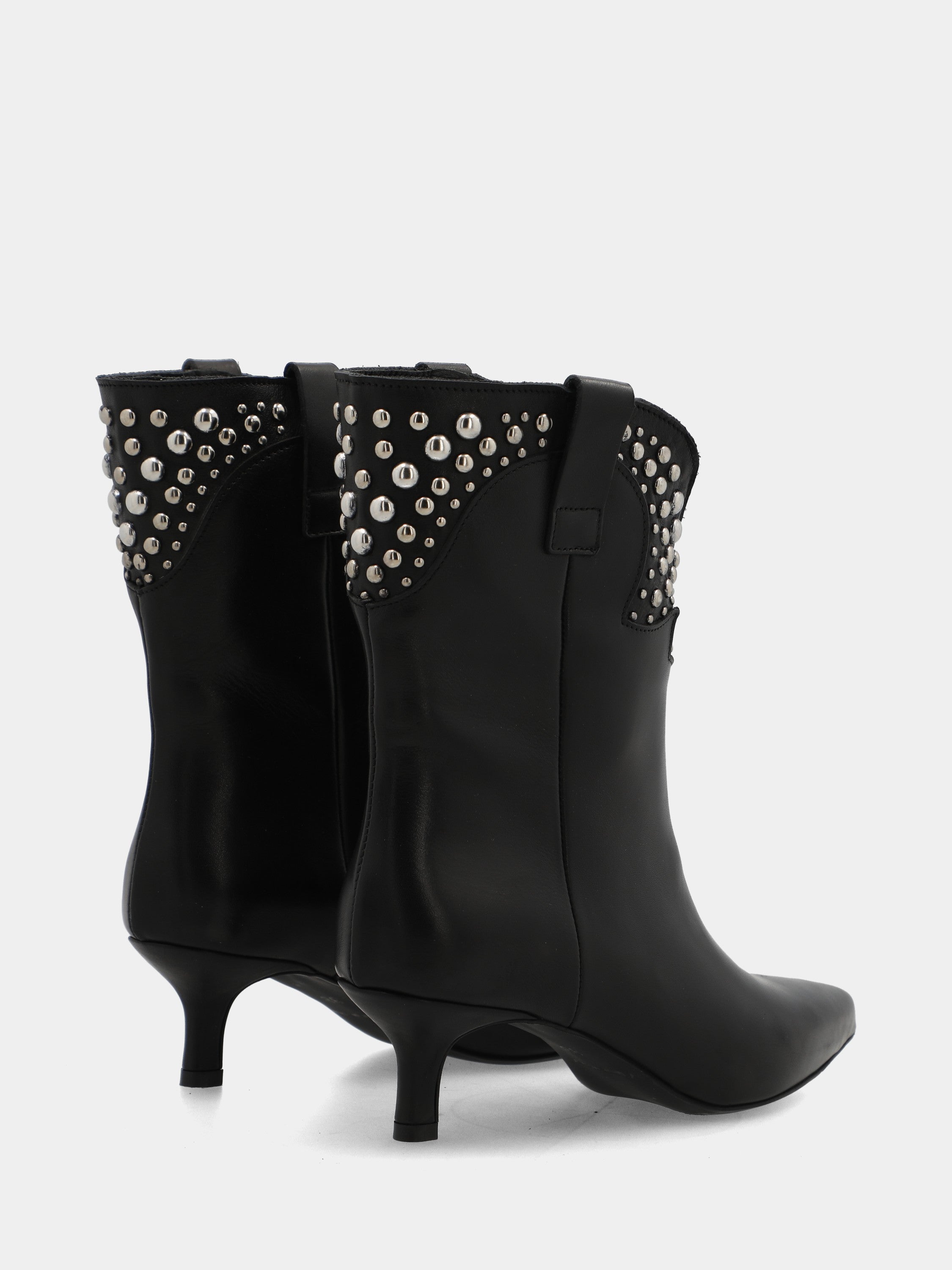 Black calf leather ankle boot with studs and goblet heel
