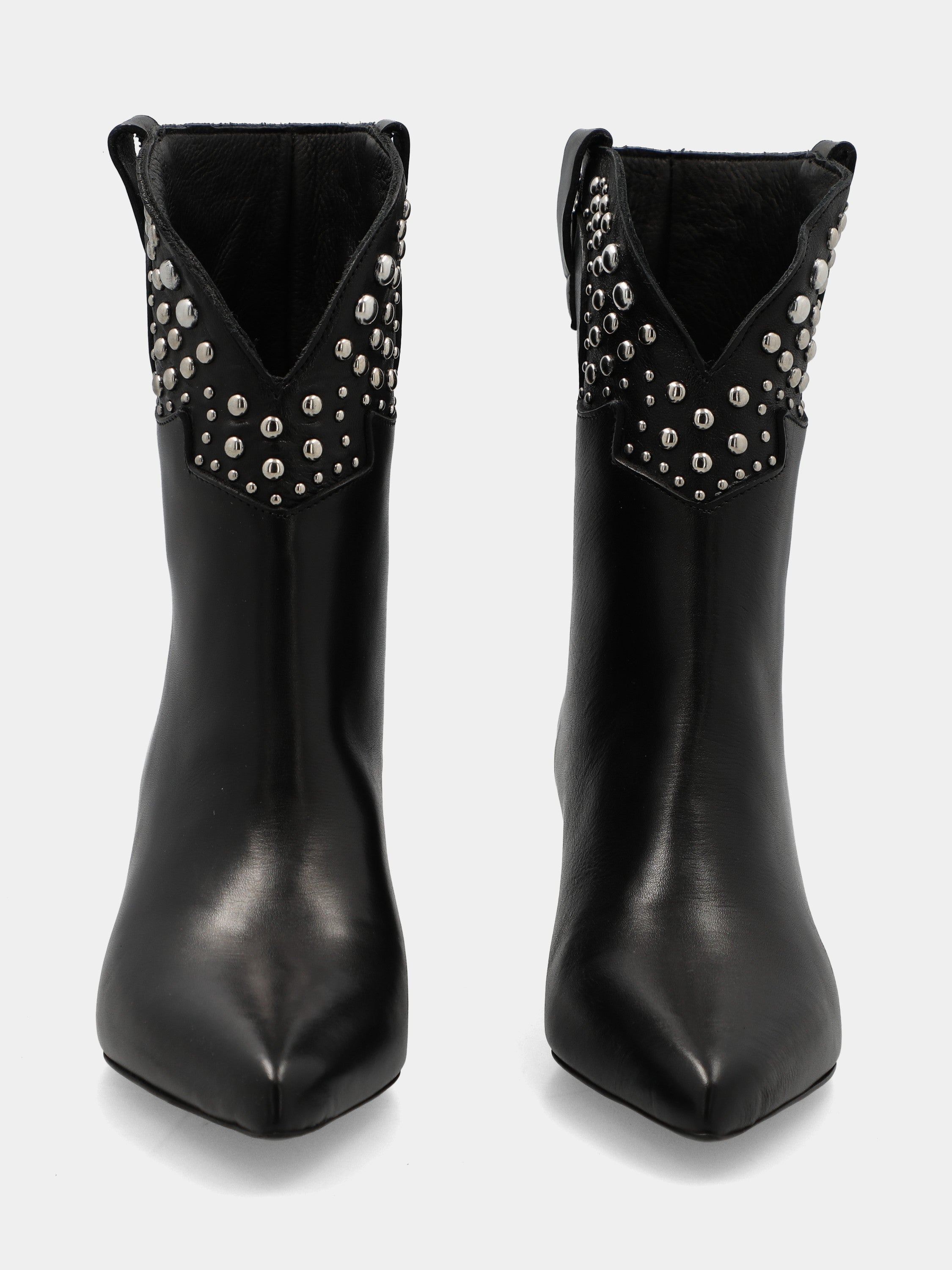Black calf leather ankle boot with studs and goblet heel