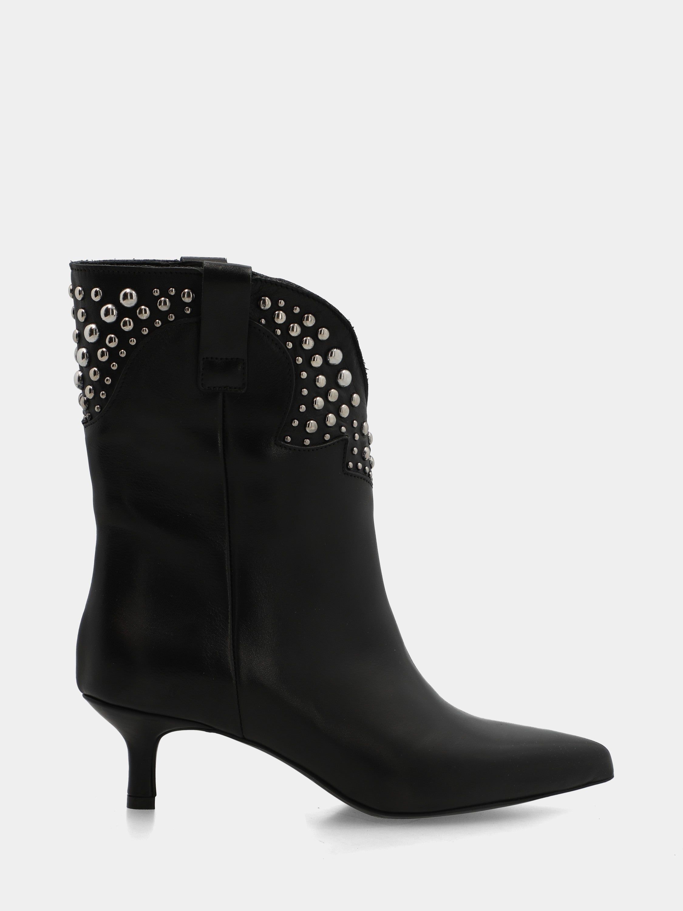 Black calf leather ankle boot with studs and goblet heel