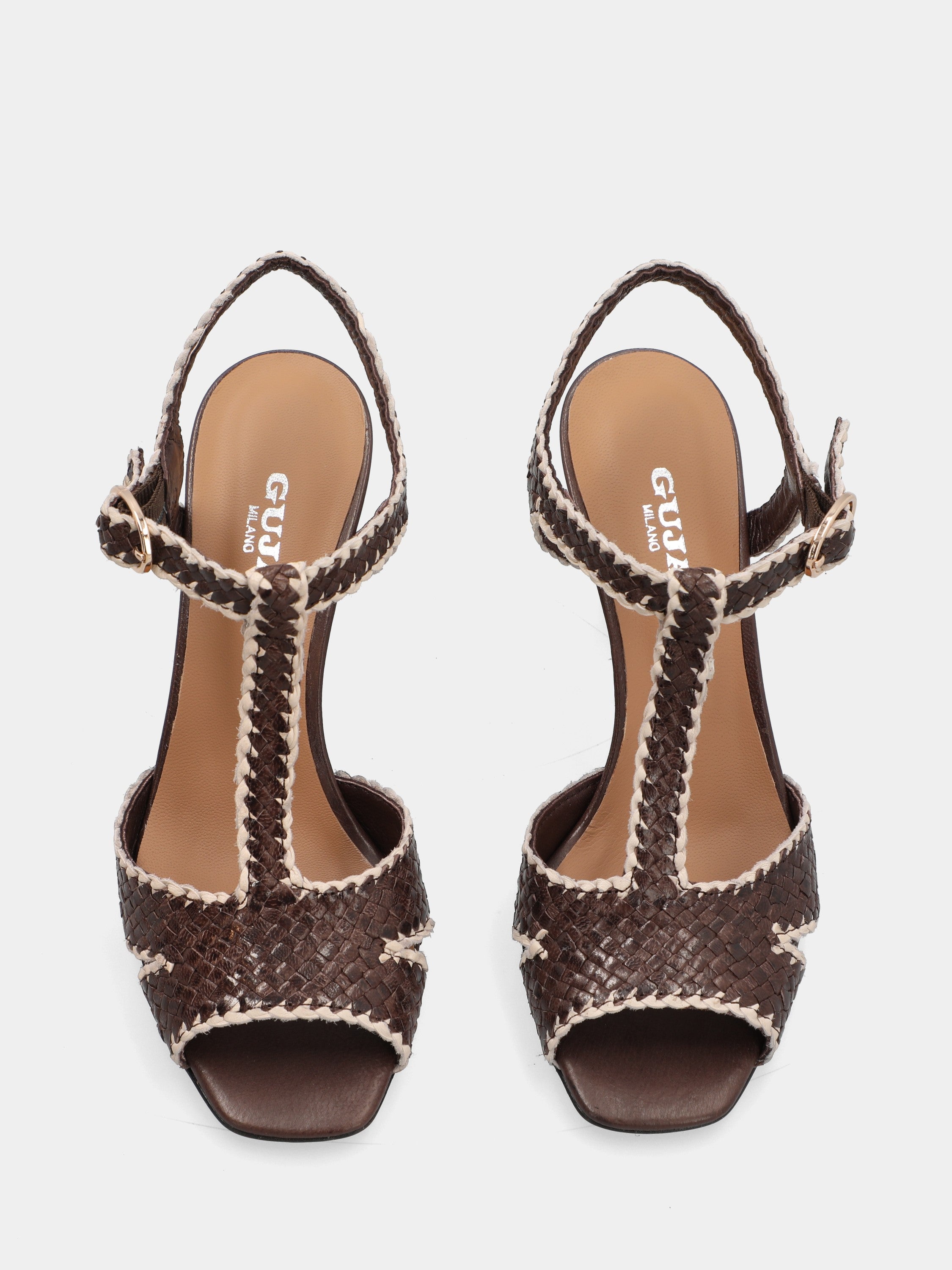 Dark brown calf leather sandal with weaving and square toe