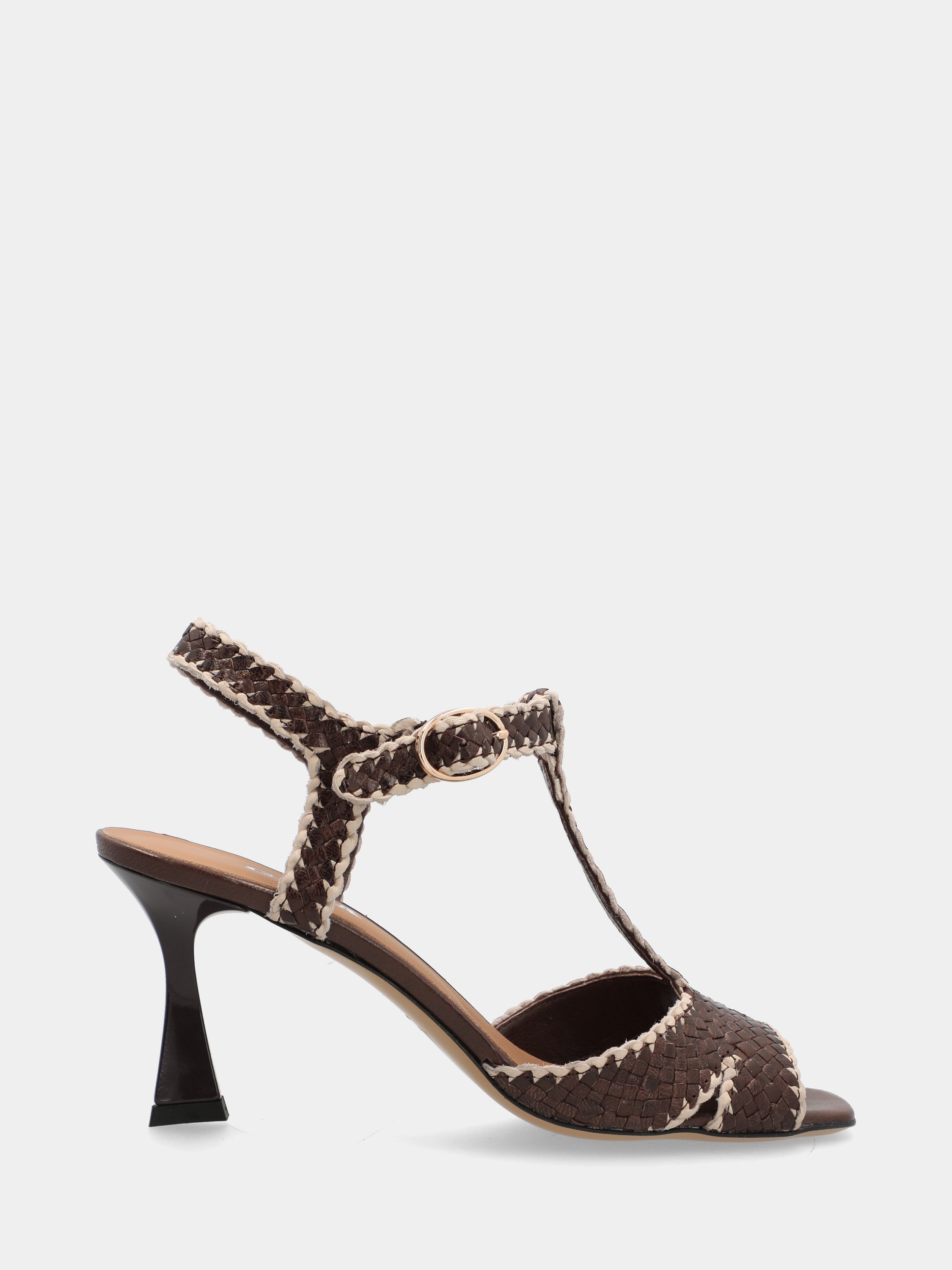 Dark brown calf leather sandal with weaving and square toe
