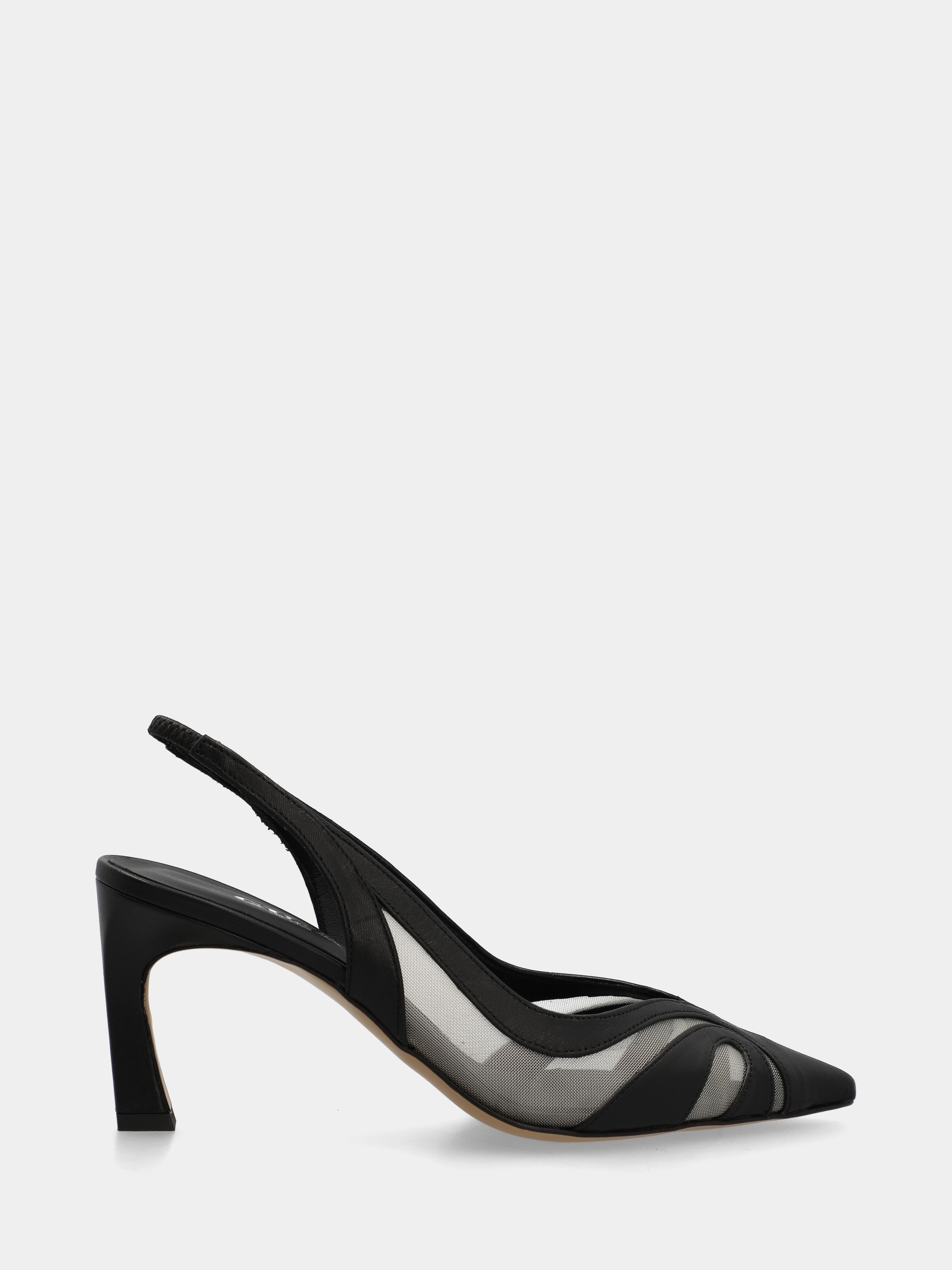 Slingback in nappa nera con tacco a martello e inserti in rete
