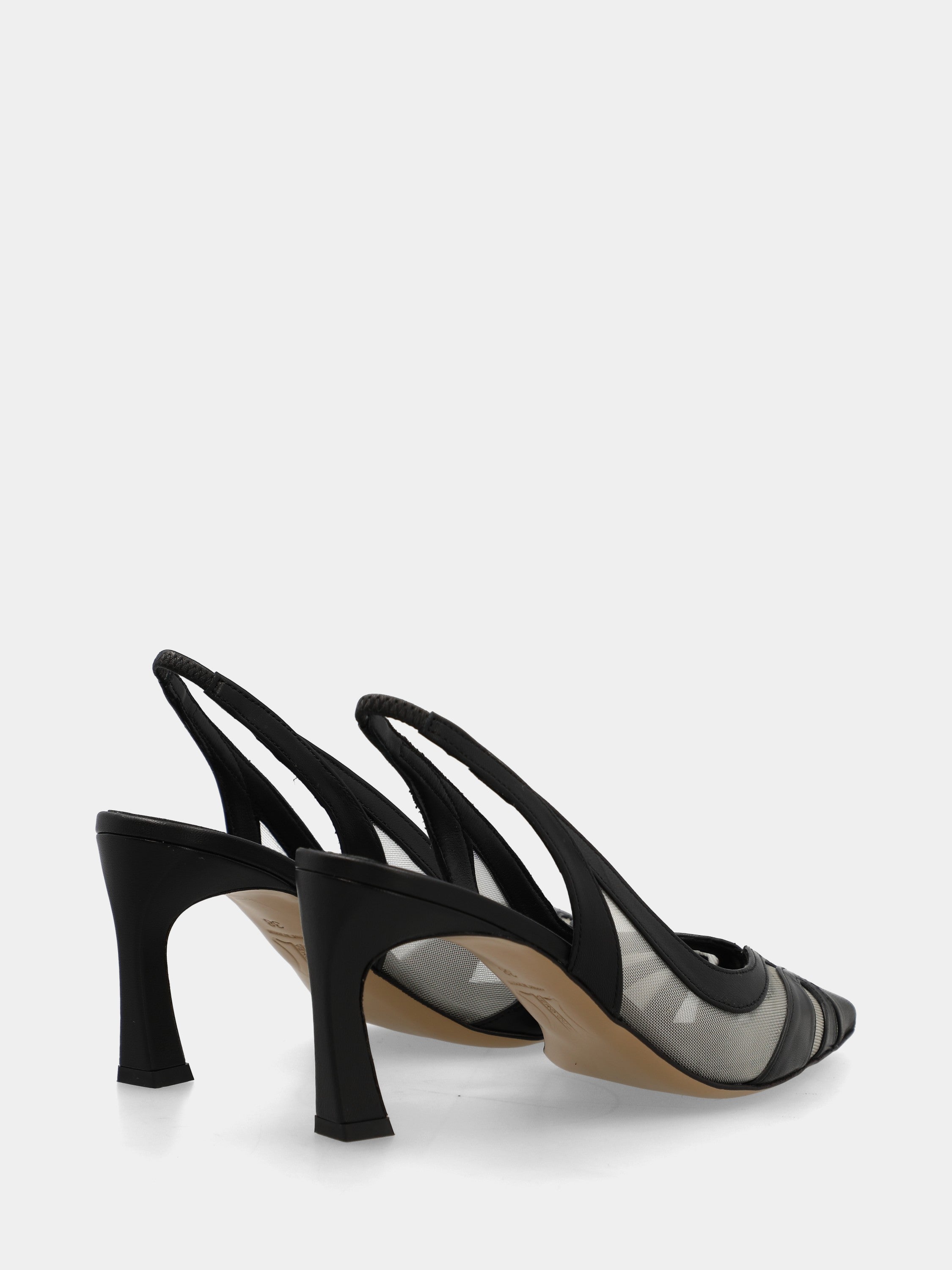 Slingback in nappa nera con tacco a martello e inserti in rete