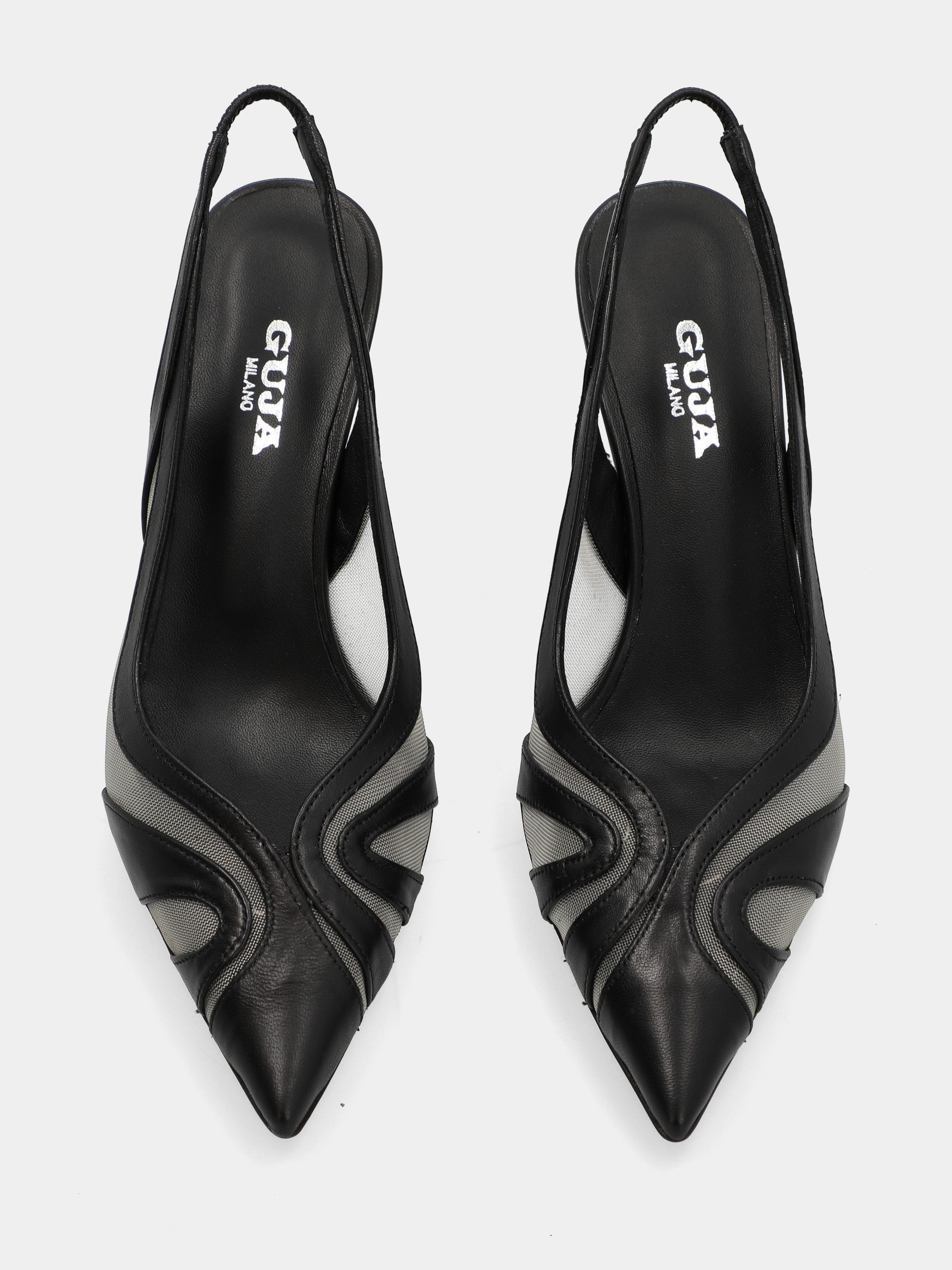 Slingback in nappa nera con tacco a martello e inserti in rete