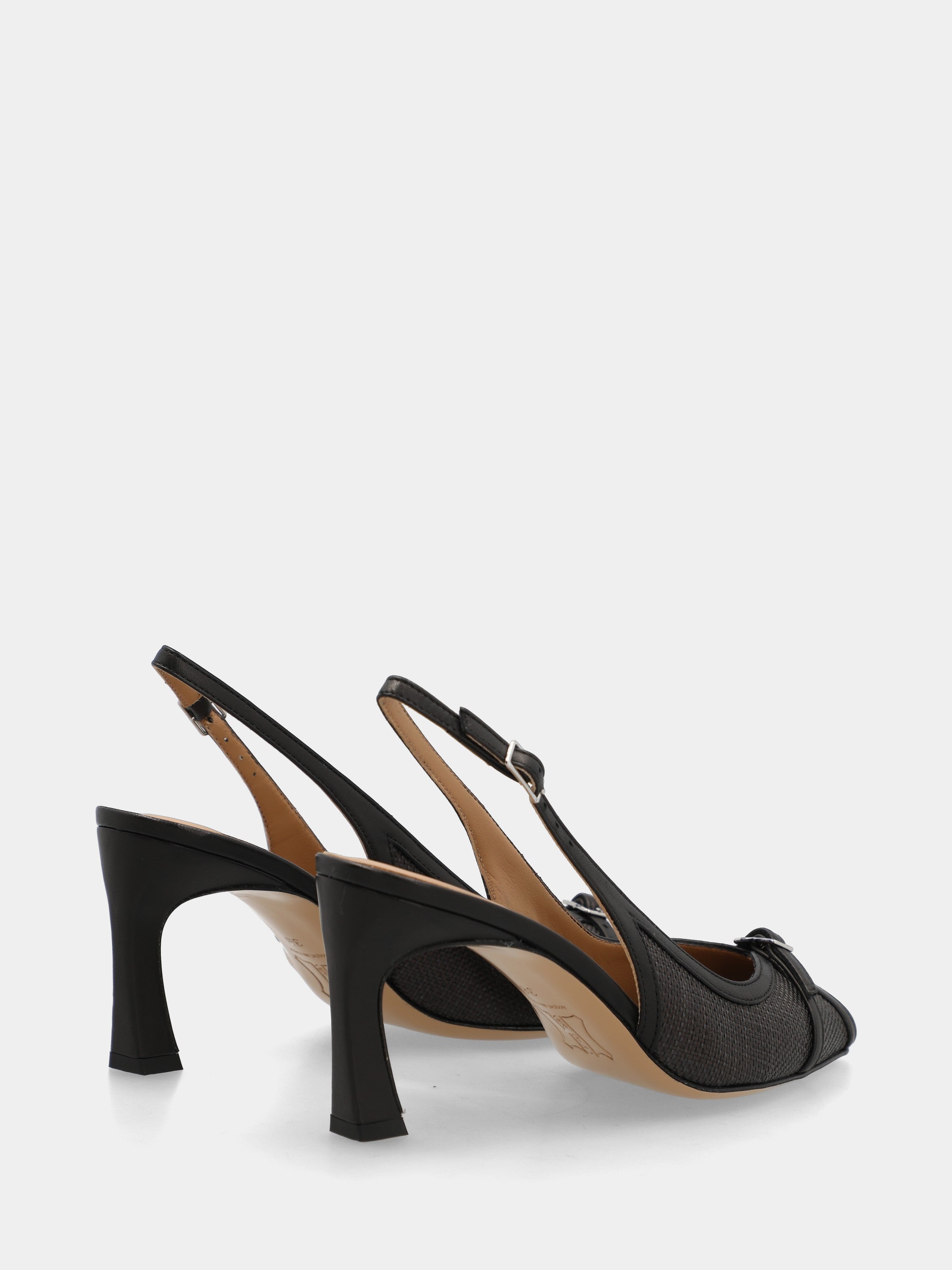Sandalo slingback in tessuto nero con tacco a coda