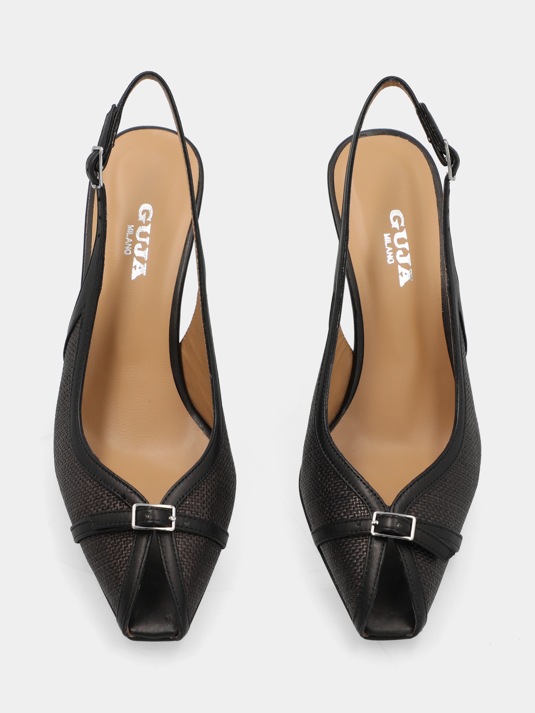 Sandalo slingback in tessuto nero con tacco a coda