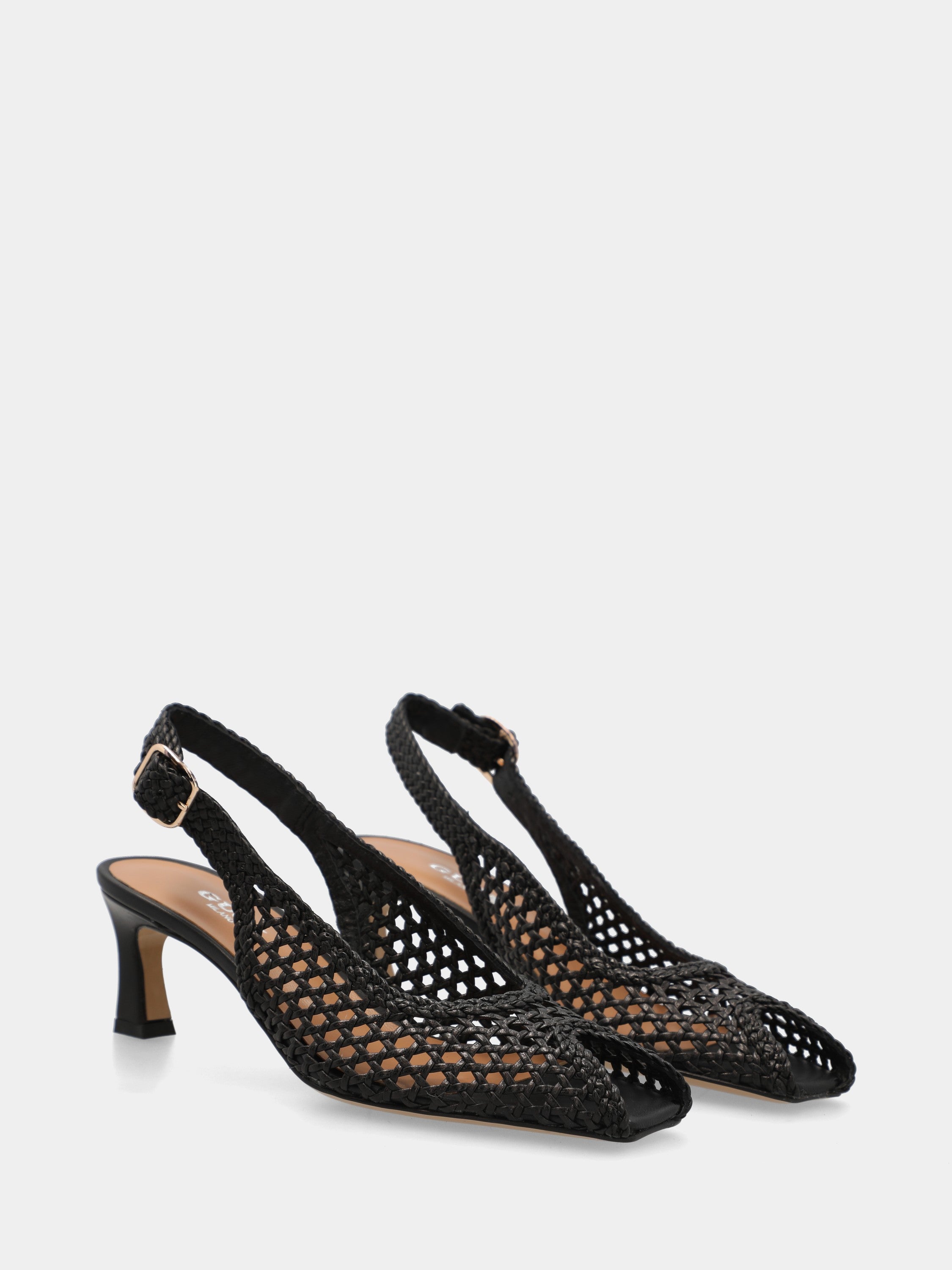 Slingback-Sandale aus schwarzem Nappaleder mit Rautengeflecht
