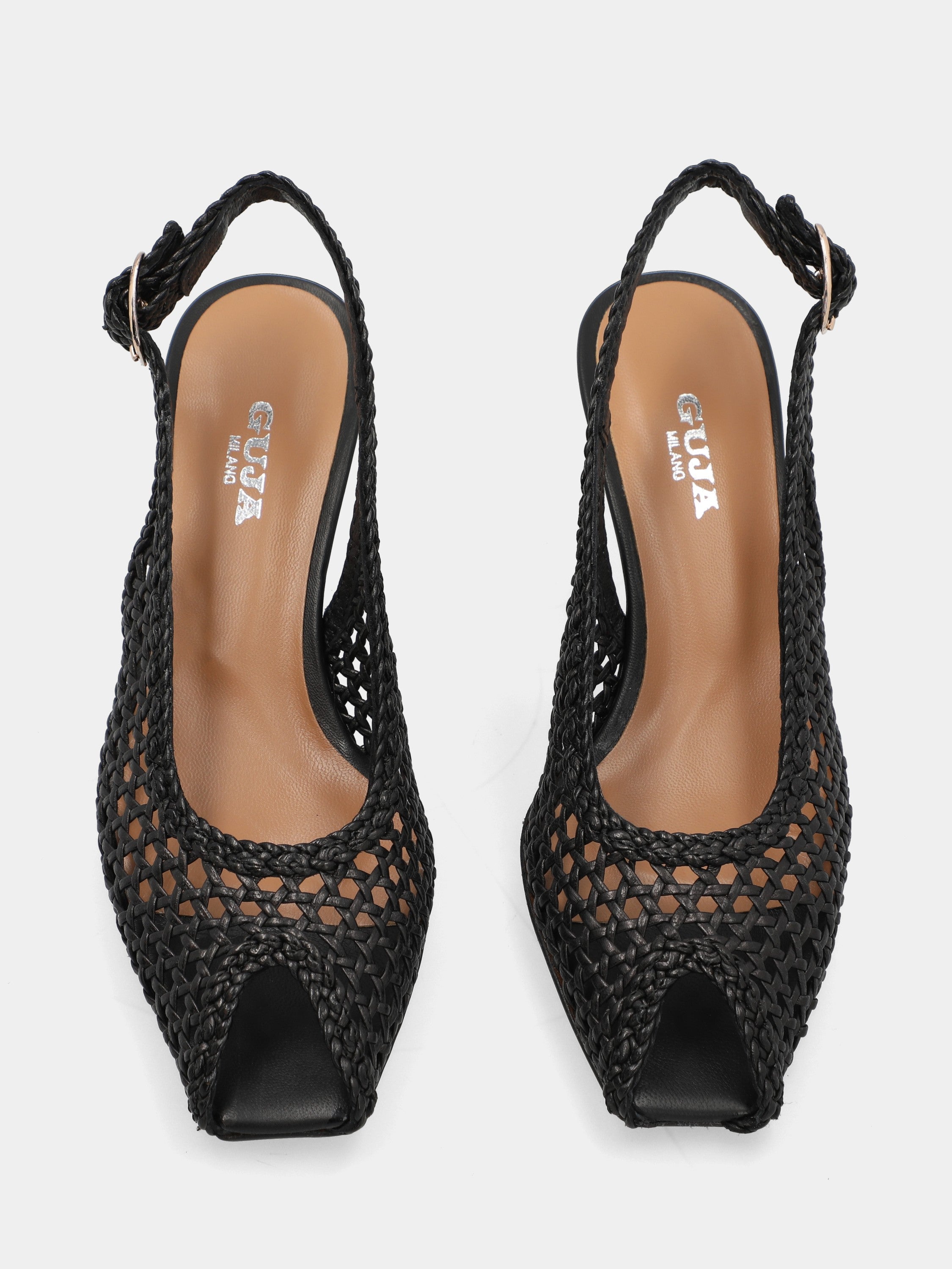 Slingback-Sandale aus schwarzem Nappaleder mit Rautengeflecht