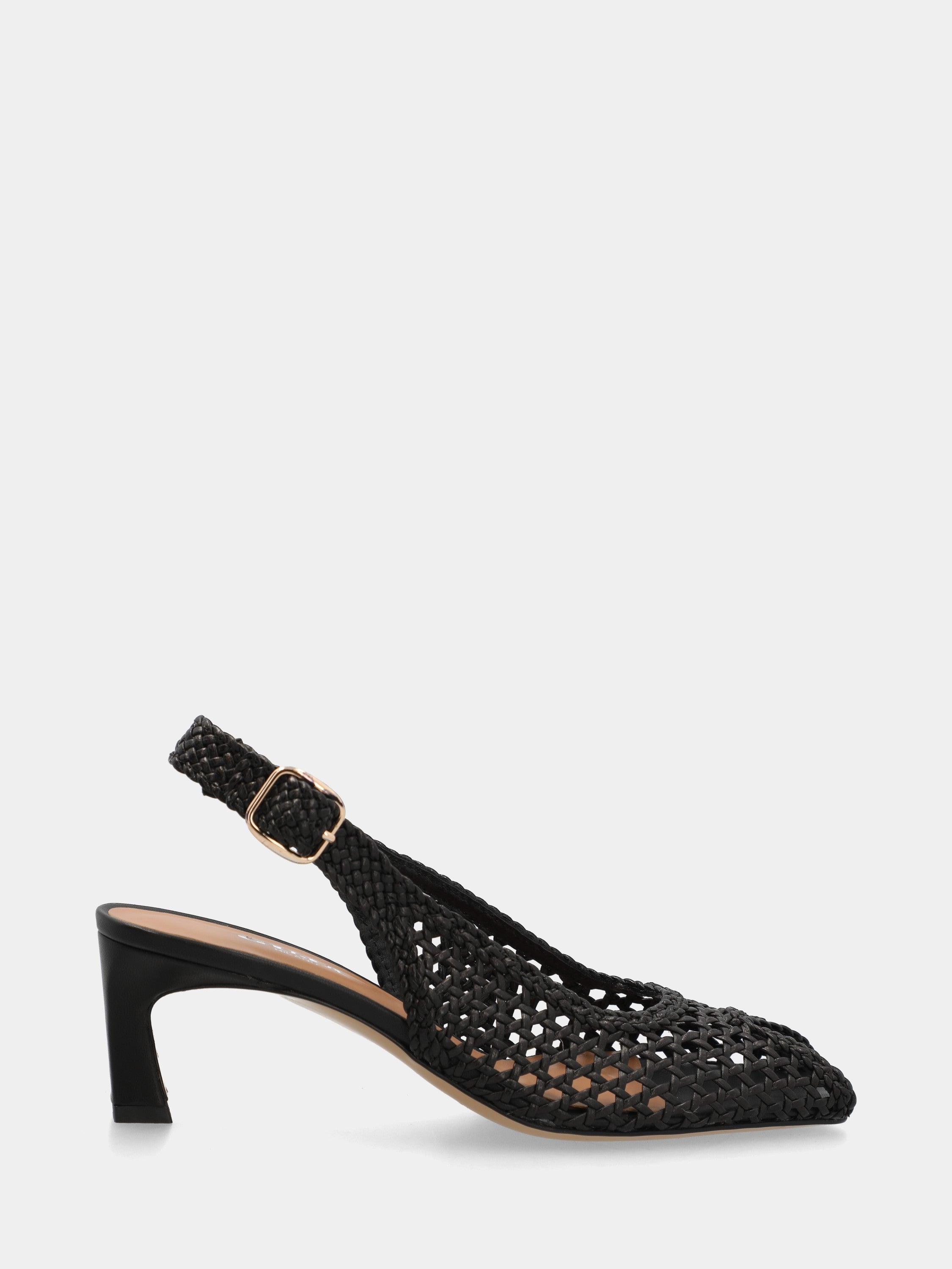 Slingback-Sandale aus schwarzem Nappaleder mit Rautengeflecht