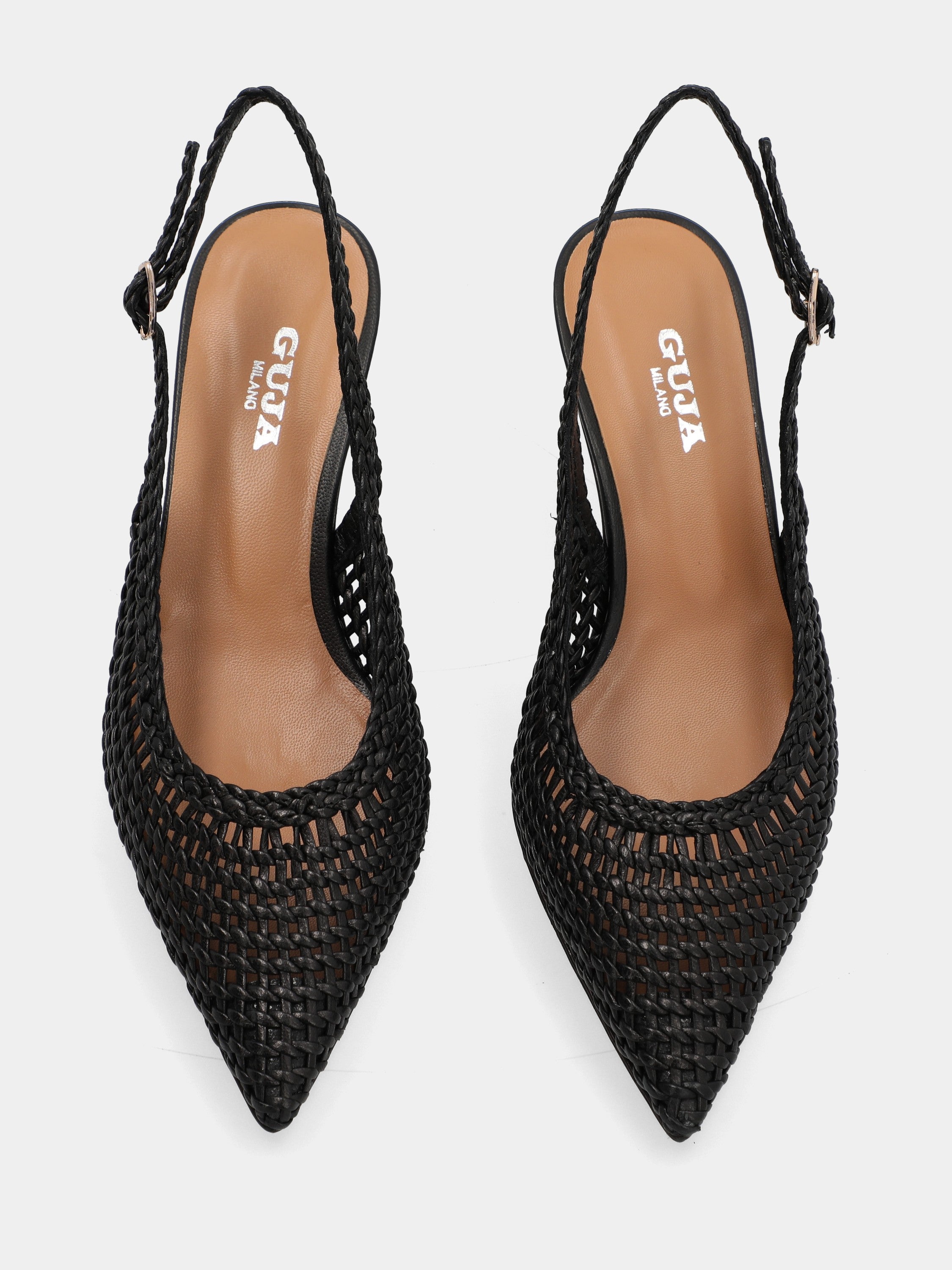 Slingback aus schwarzem Nappaleder mit Flechtmuster und spitzer Spitze