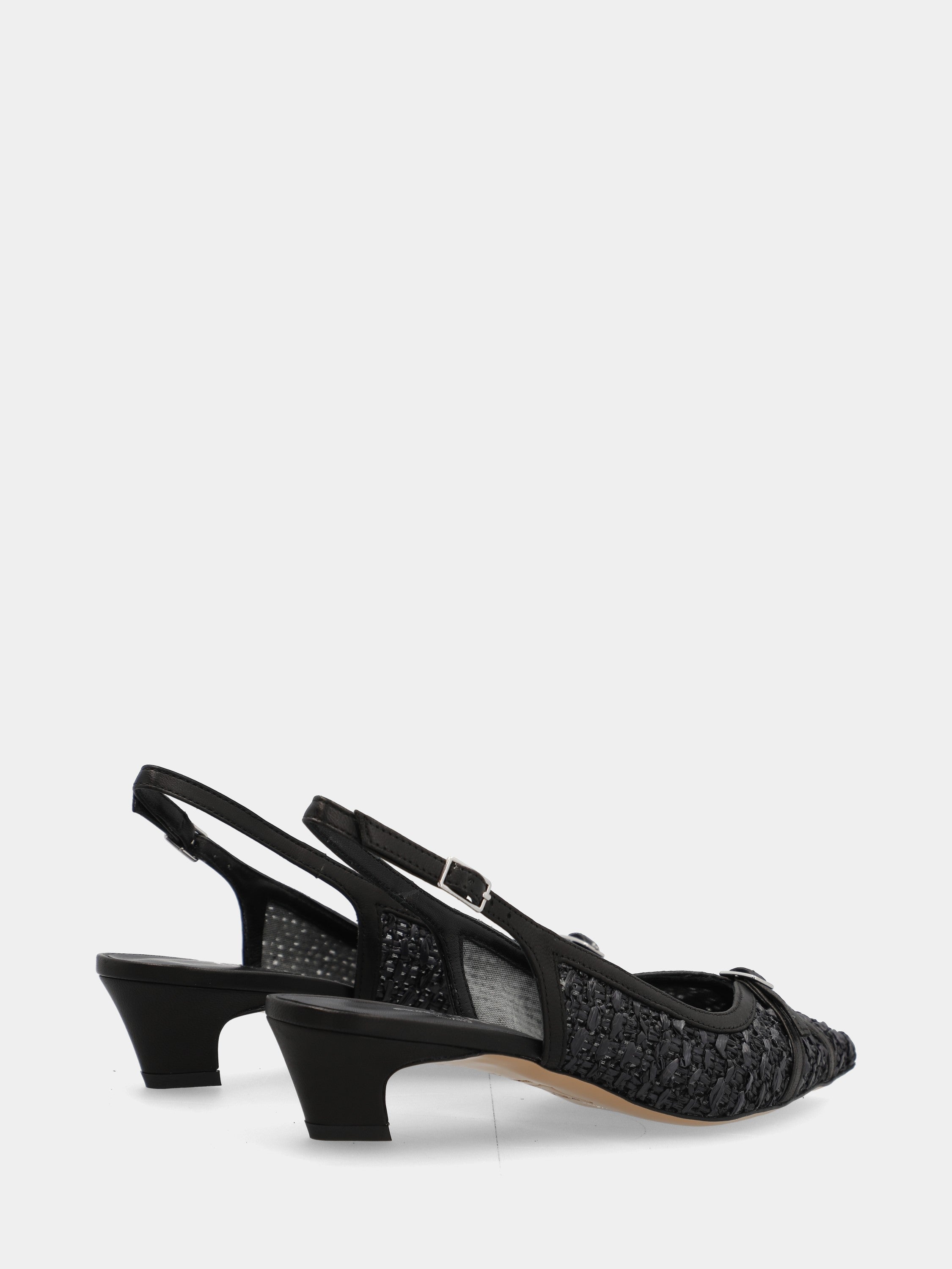 Slingback in geflochtener schwarzer Raffia mit Pfennigabsatz