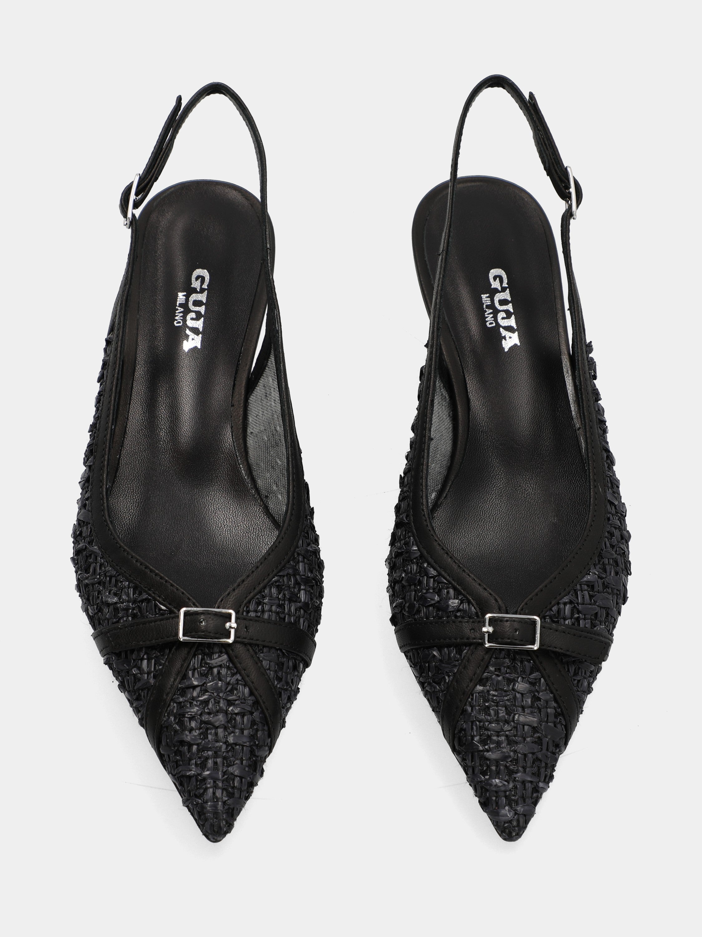 Slingback in rafia nera intrecciata con tacco a coda