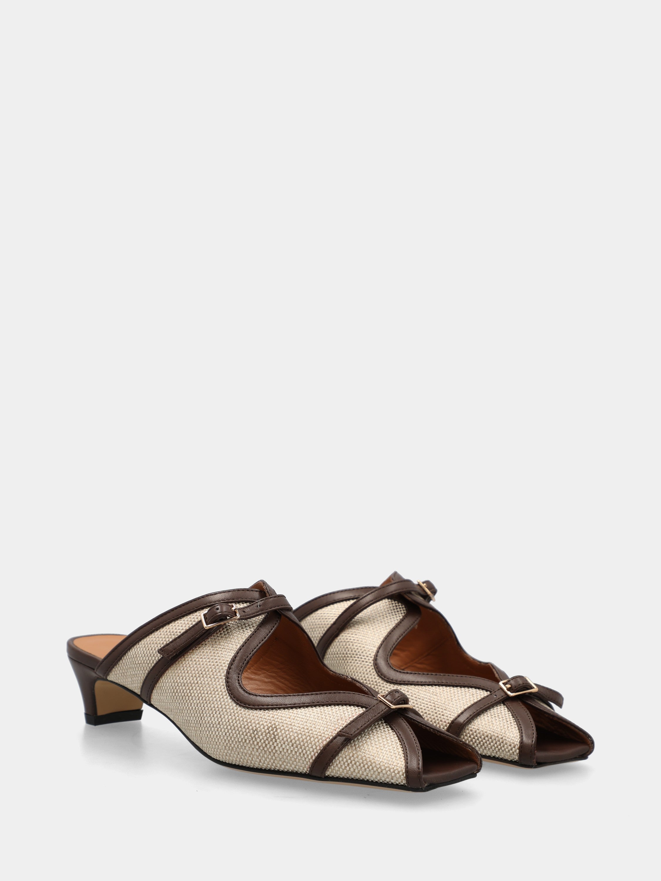 Sabot in tessuto beige con profili in pelle testa di moro