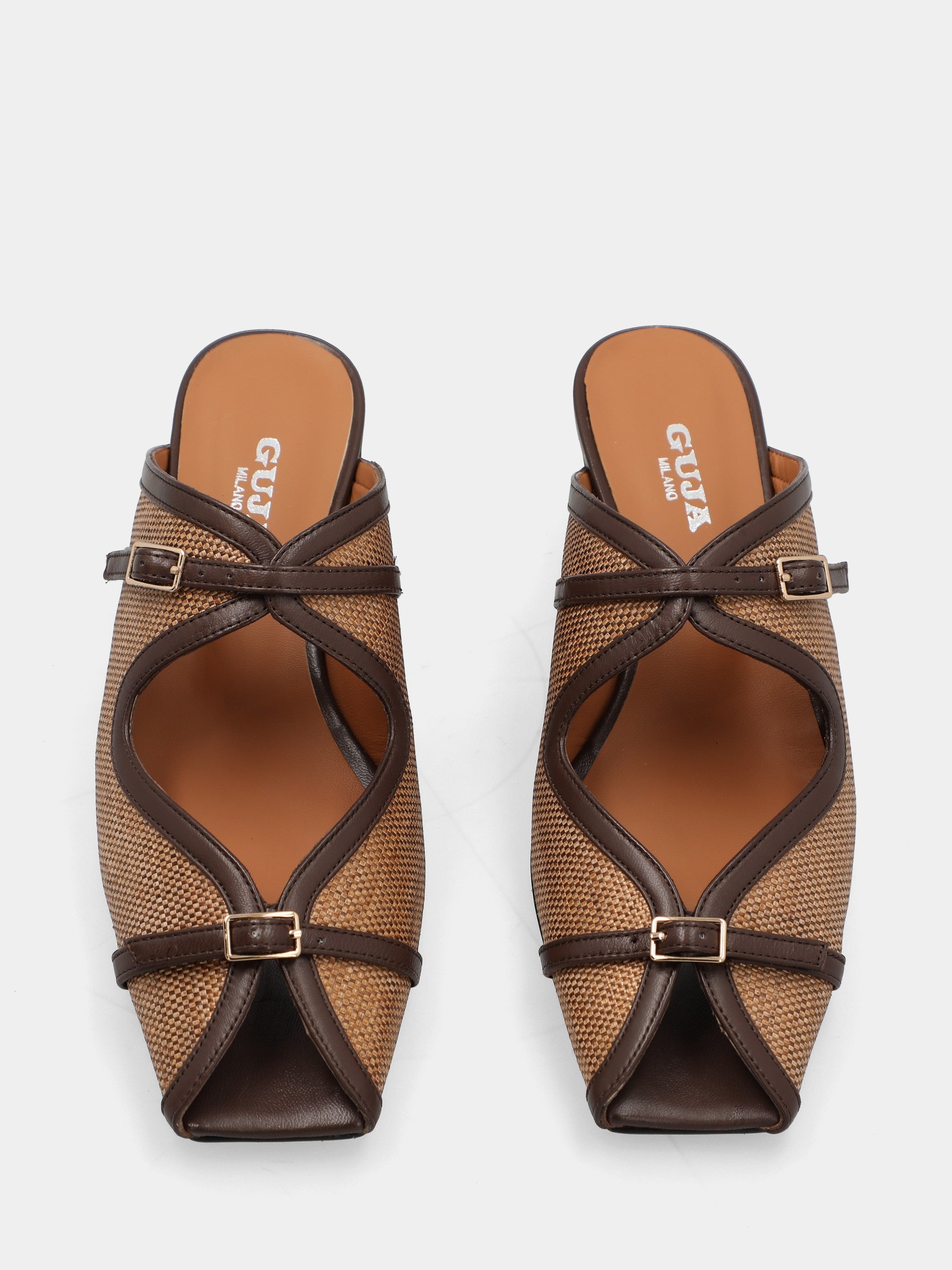 Hazelnut fabric clogs with dark brown leather trim