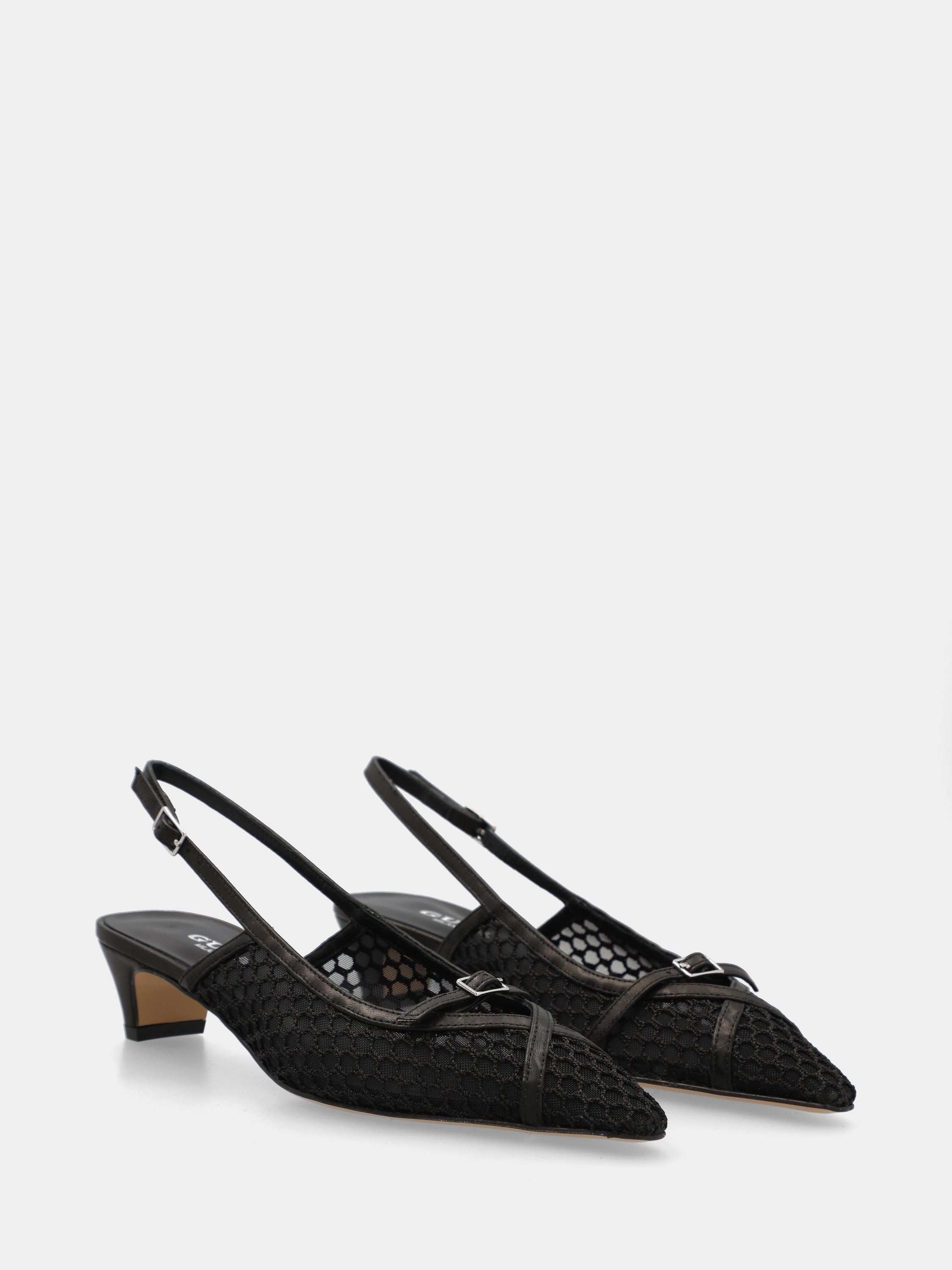 Slingback in tessuto nero con rete uncinetto e tacco semicono