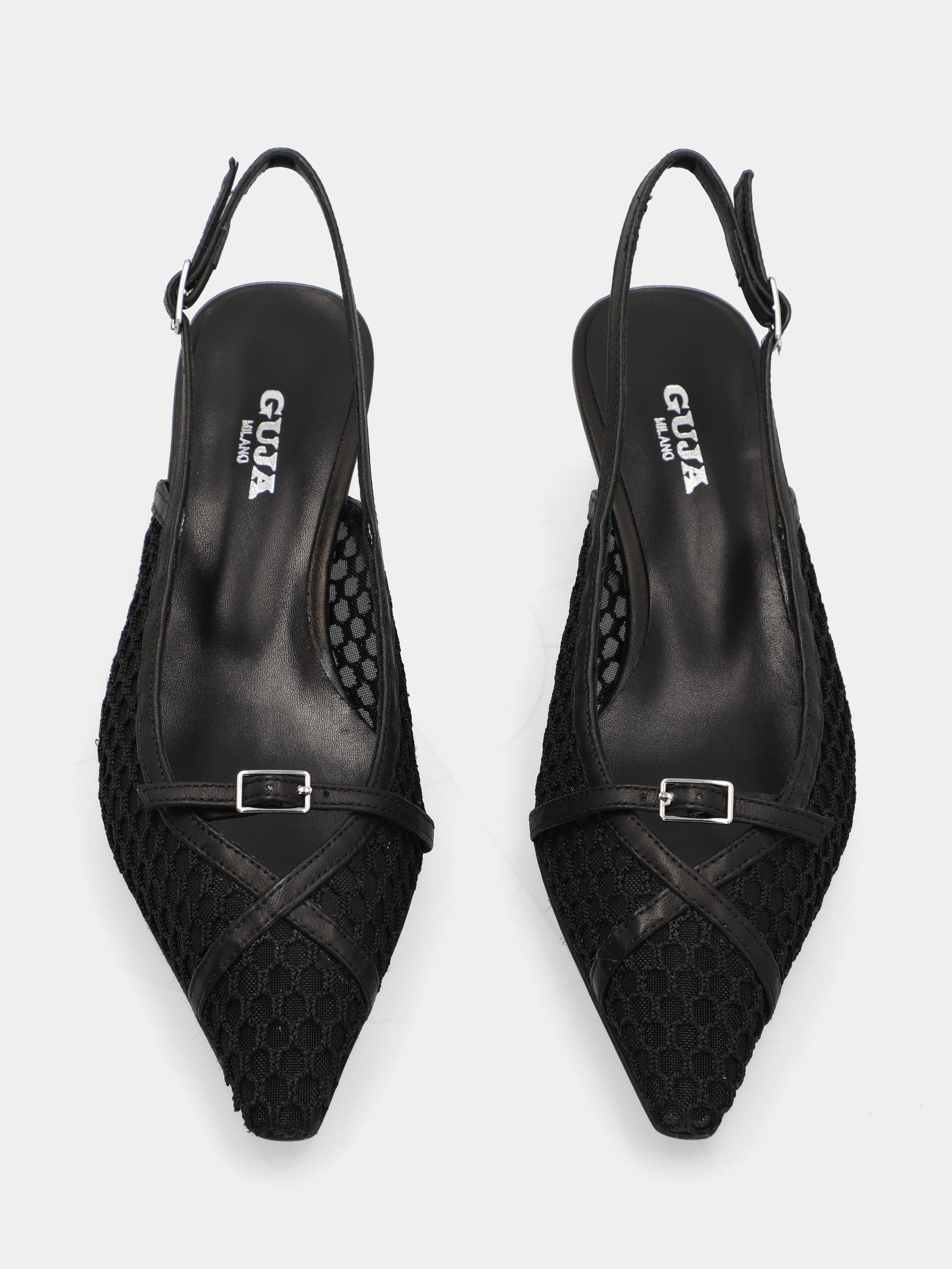 Black fabric slingback with crochet mesh and semi-cone heel