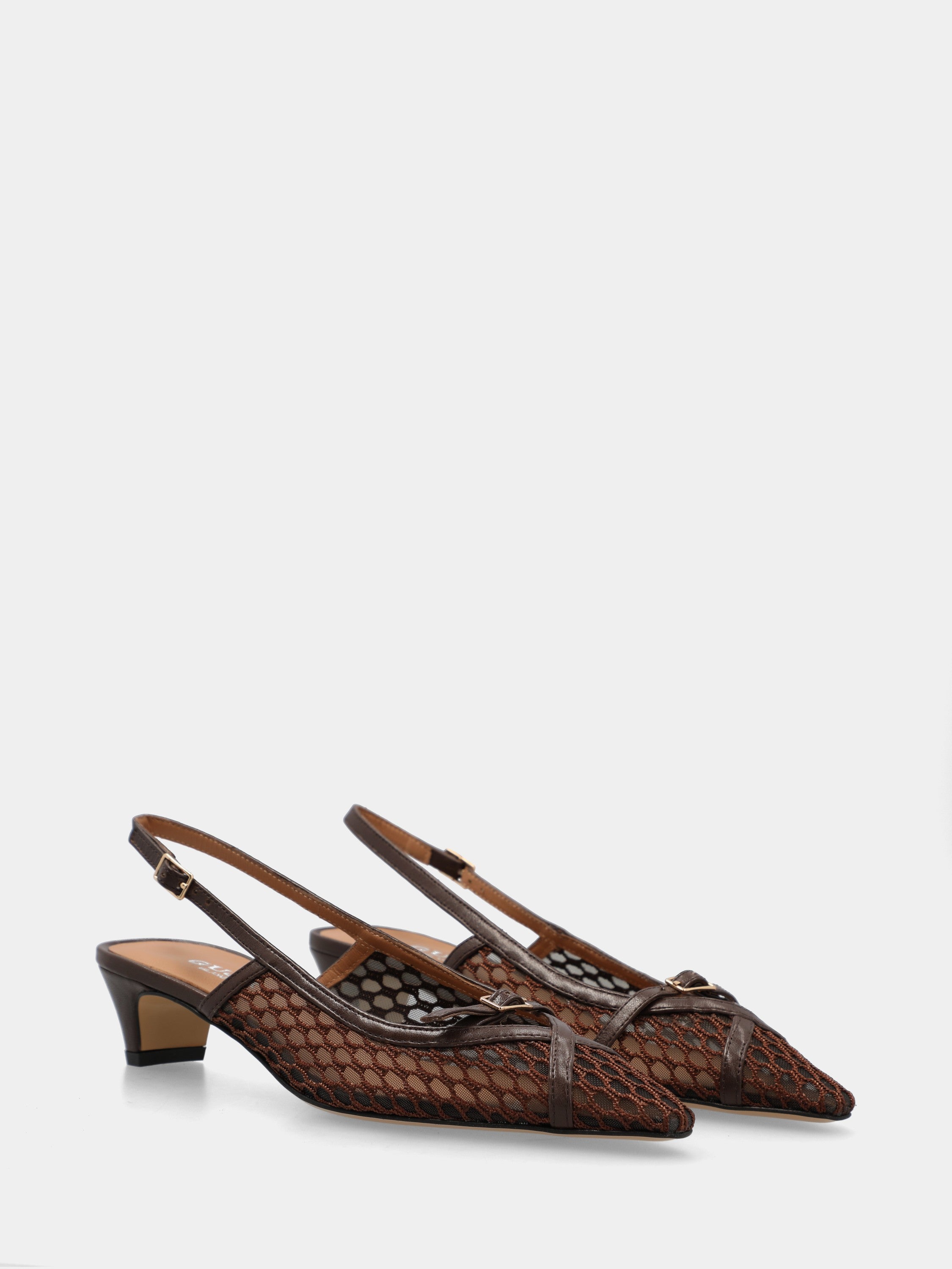 Dark brown fabric slingback with crochet mesh and semi-cone heel