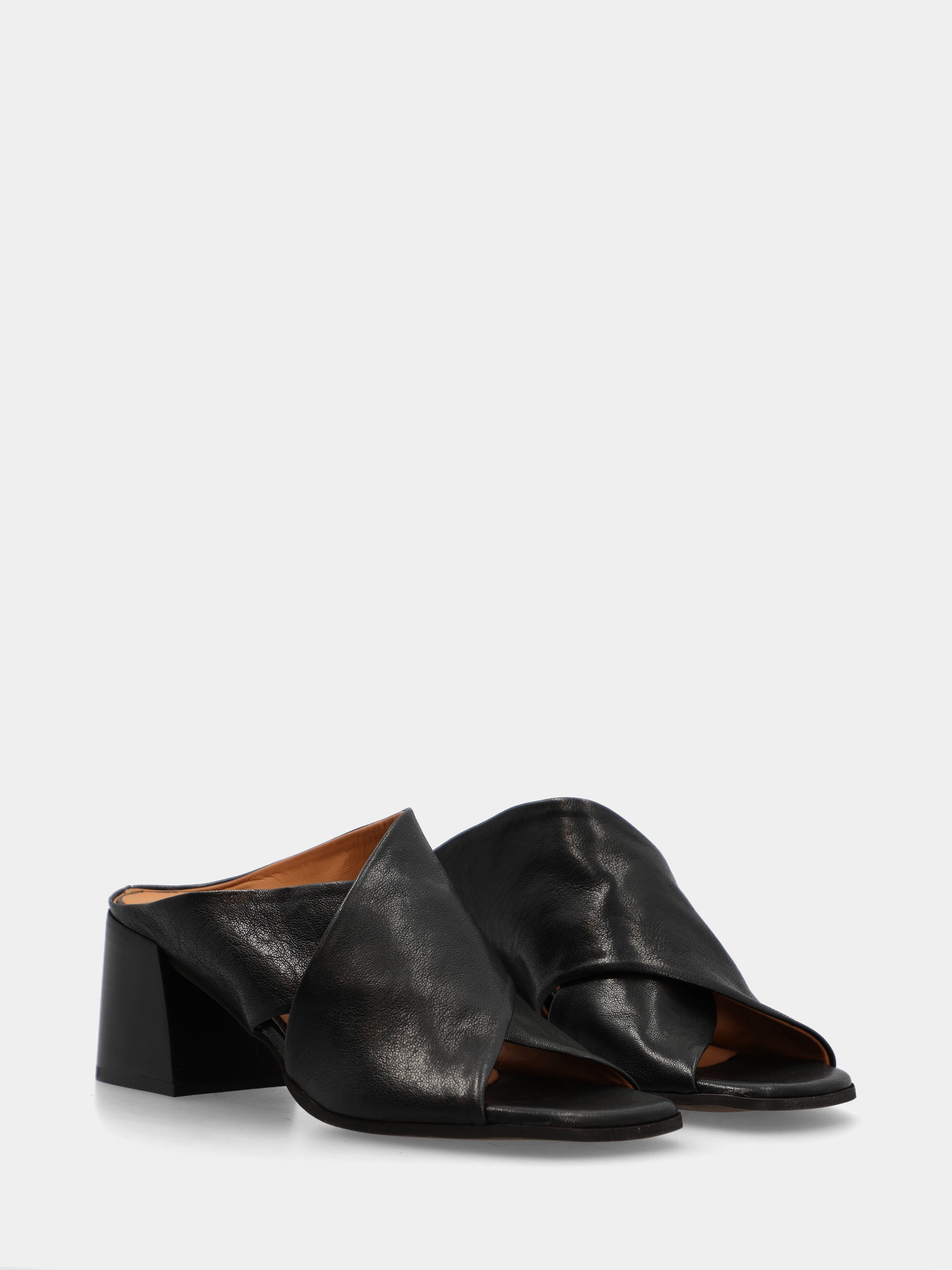 Black calf leather slide sandal with crossed straps